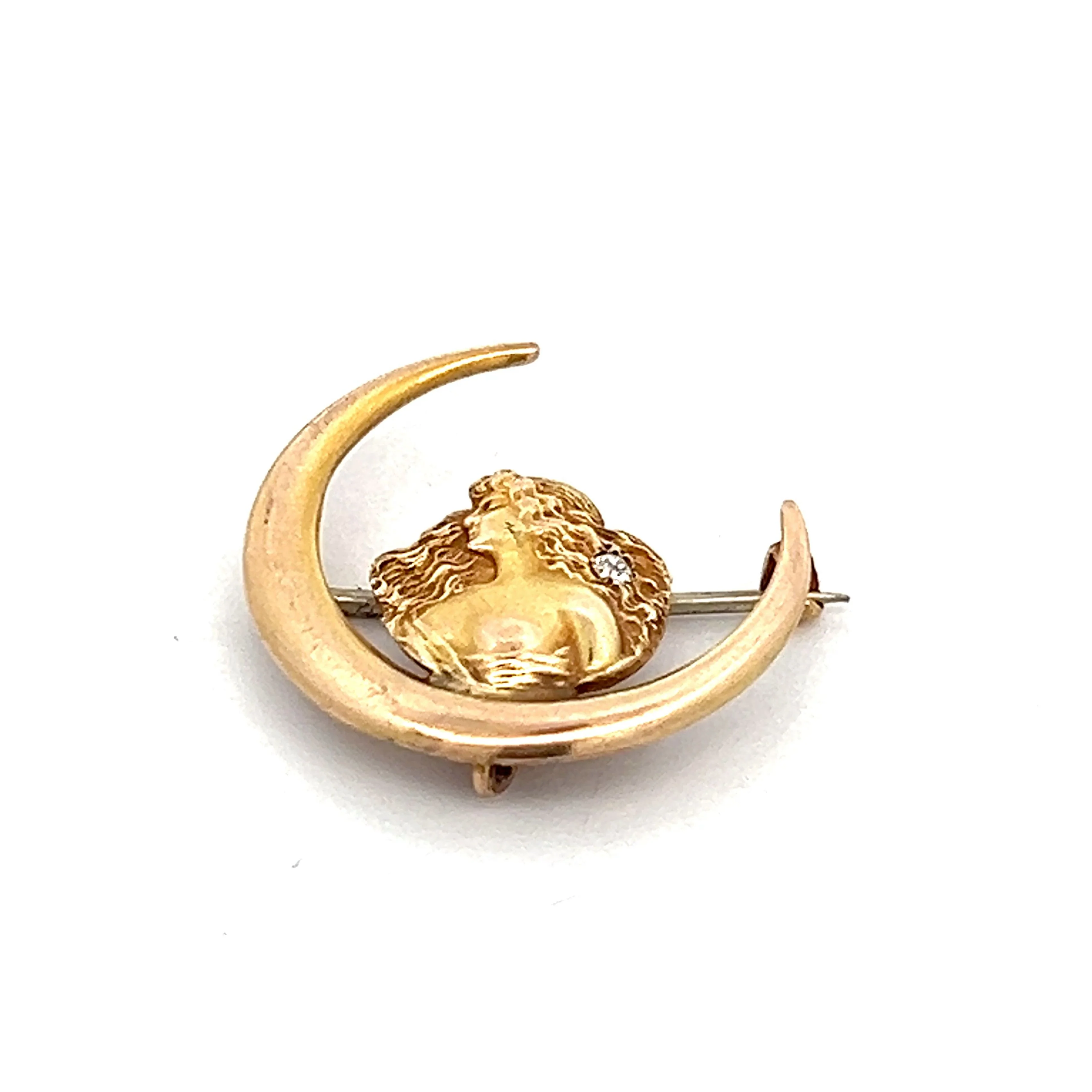 Vintage Art Nouveau Crescent Moon Brooch in 10k - Image 4