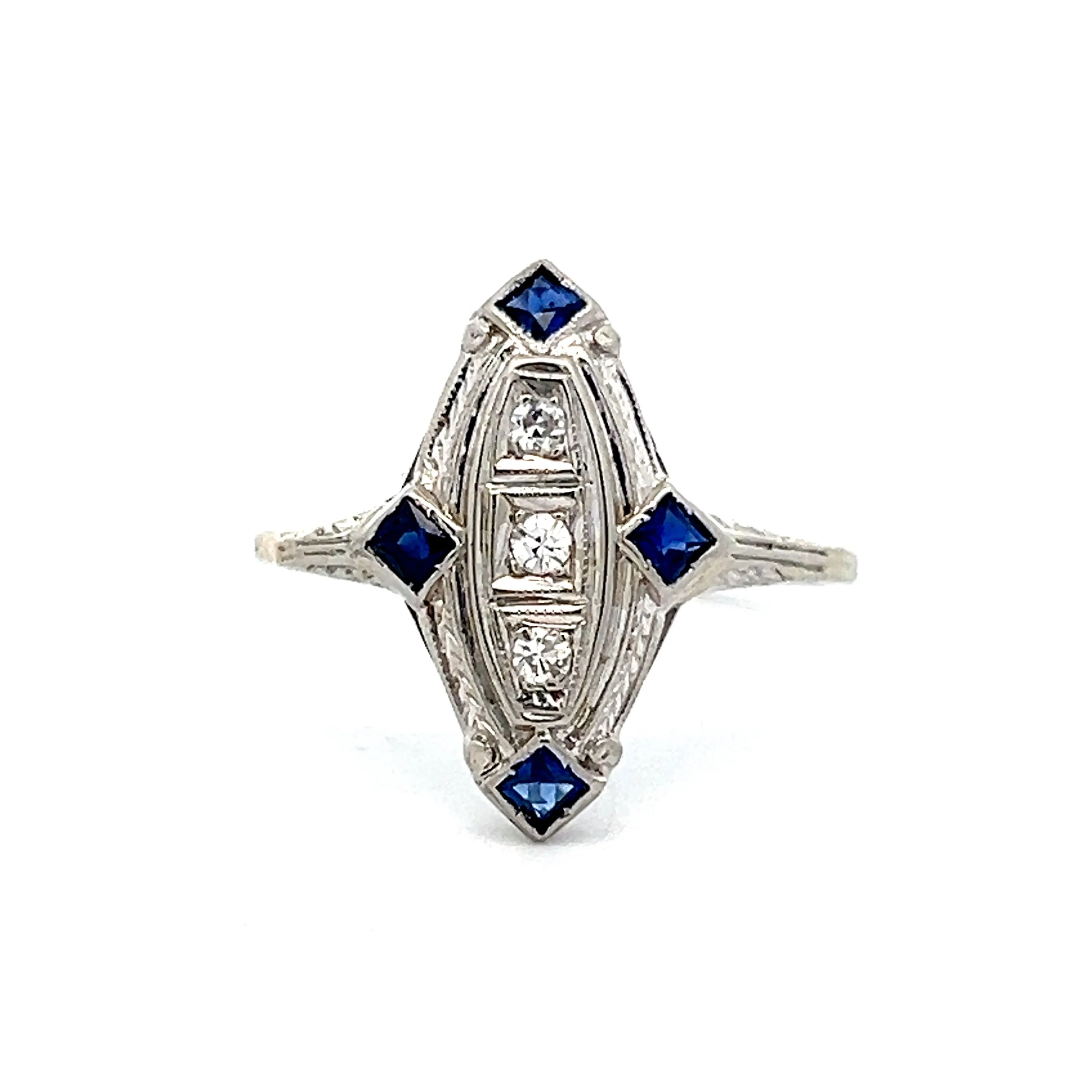 Vintage Art Deco Diamond Navette Ring in 14k White Gold