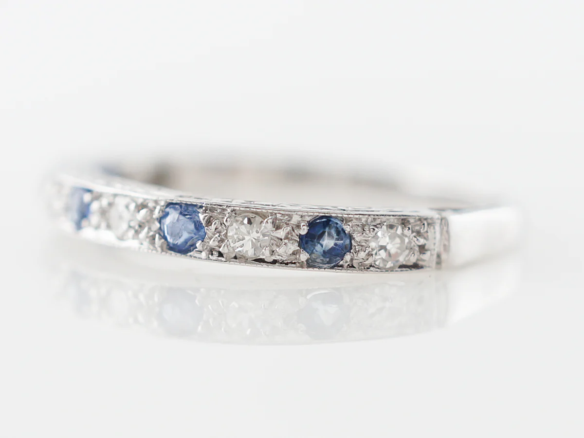 Vintage Art Deco Diamond & Sapphire Wedding Band in 14k White Gold - Image 2