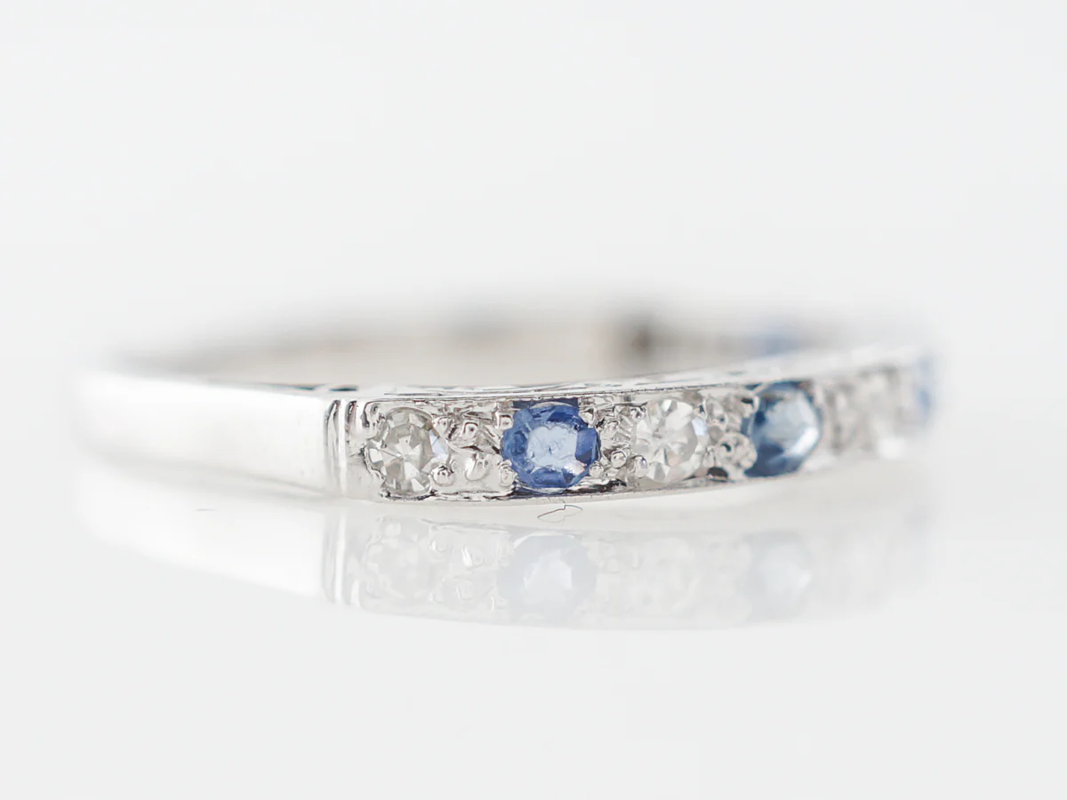 Vintage Art Deco Diamond & Sapphire Wedding Band in 14k White Gold - Image 3