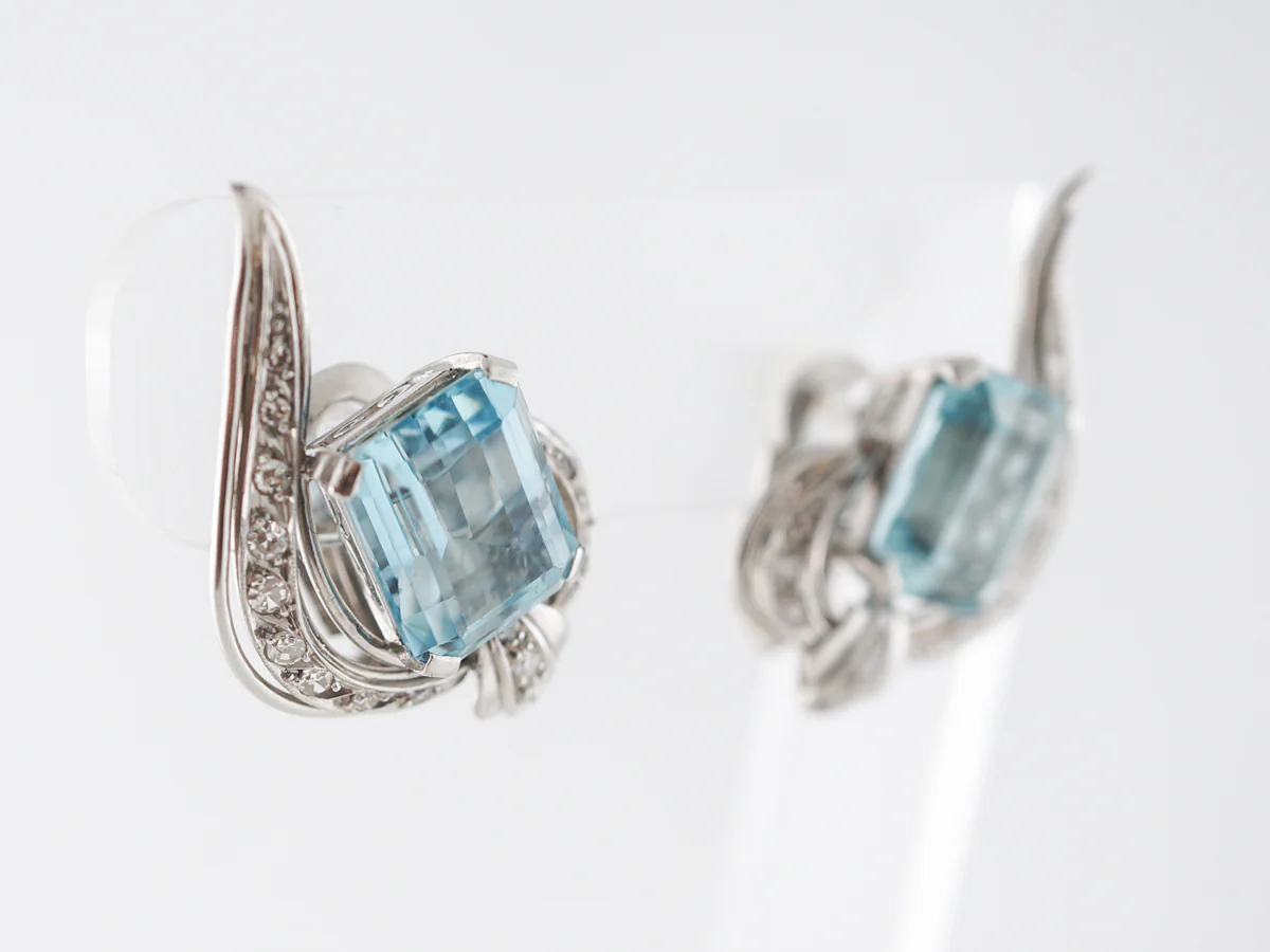 Vintage Art Deco Earrings w/ Aquamarine and Diamonds - Image 2