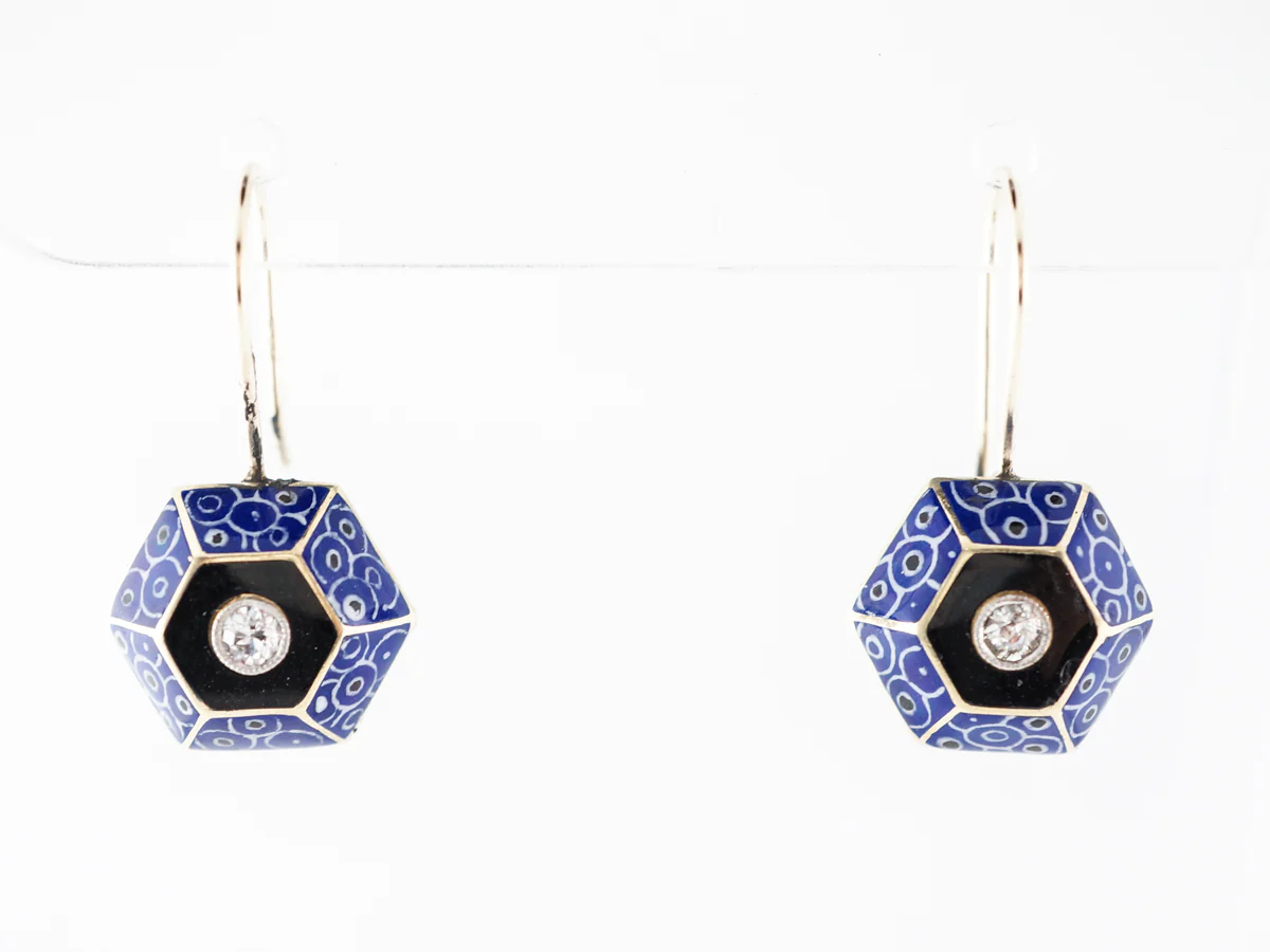 Vintage Art Deco Enamel & Diamond Earrings in Yellow Gold