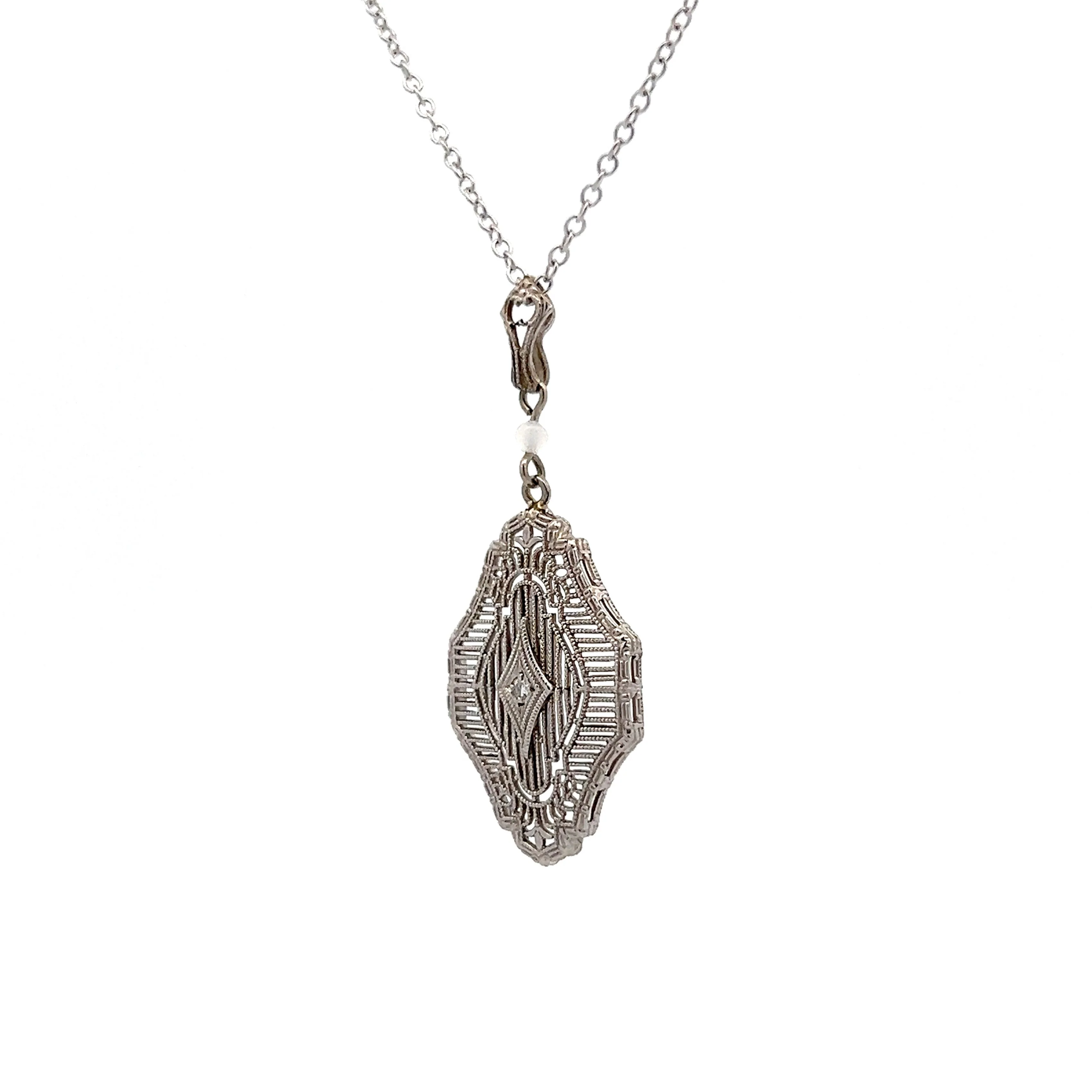 Vintage Art Deco Filigree Pendant in 14k White Gold - Image 2