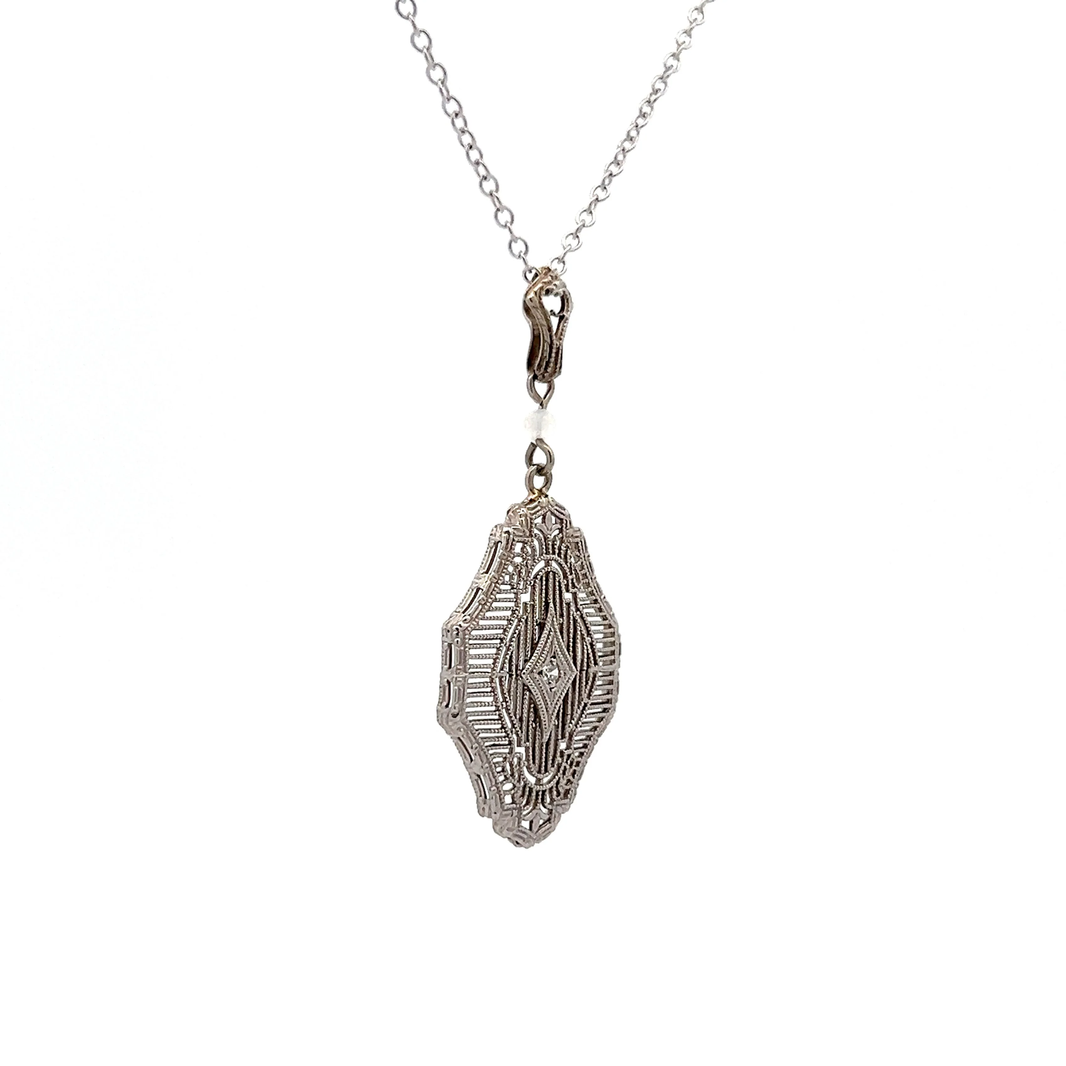 Vintage Art Deco Filigree Pendant in 14k White Gold - Image 3