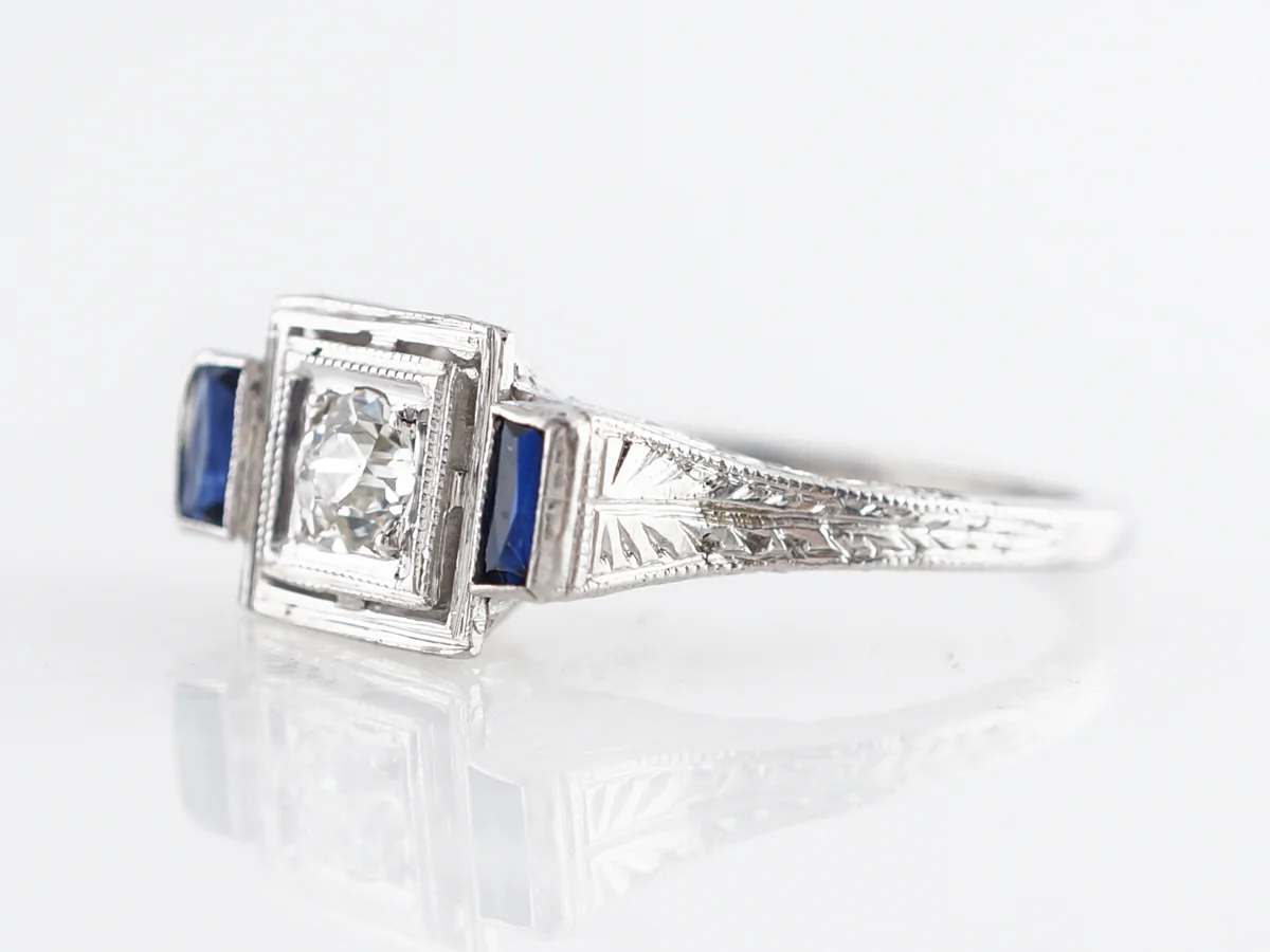 Vintage Art Deco Old European Diamond w/ French Cut Sapphires in 18k - Image 2