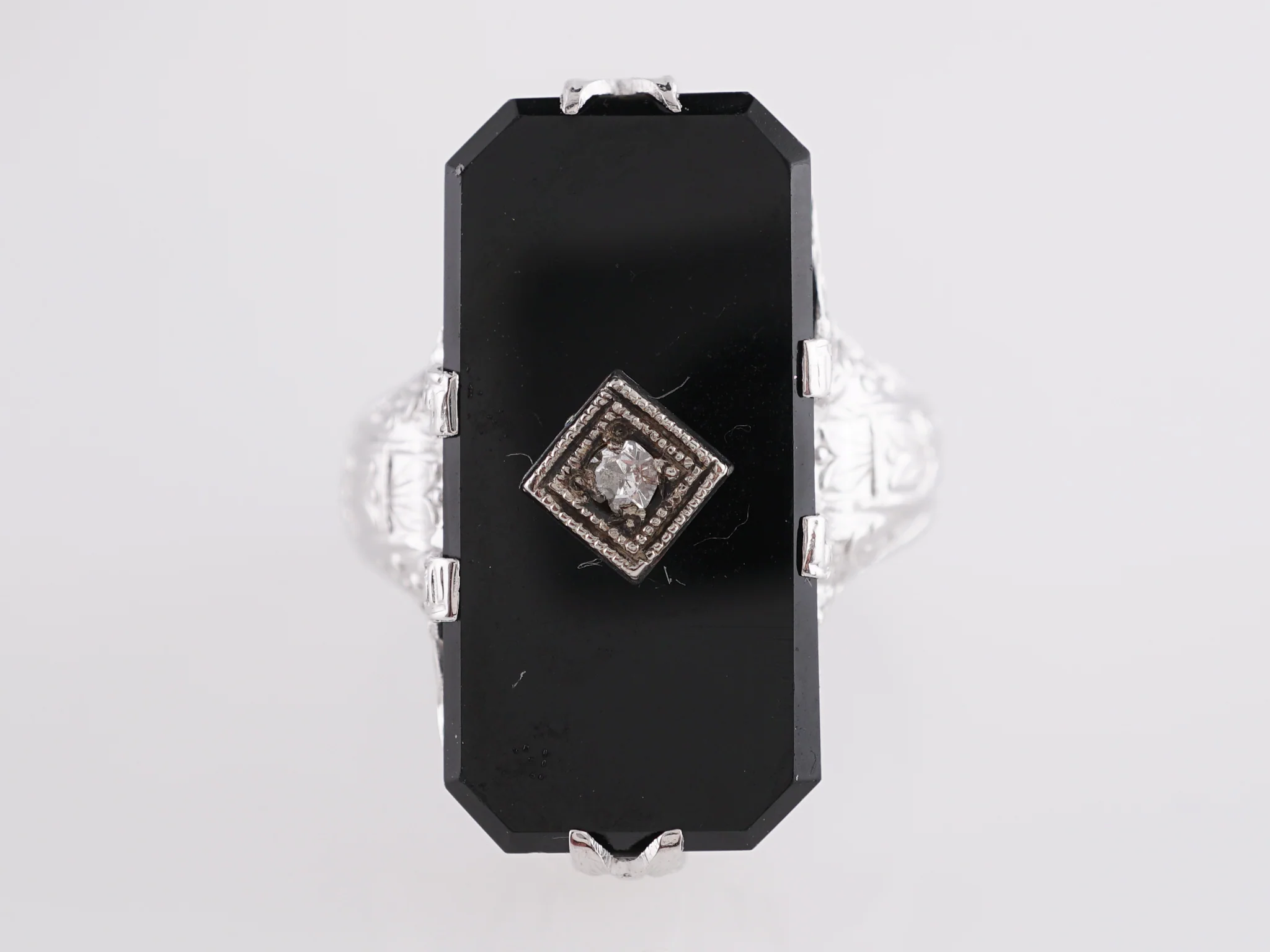 Vintage Art Deco Onyx and Diamond Ring in 14k White Gold