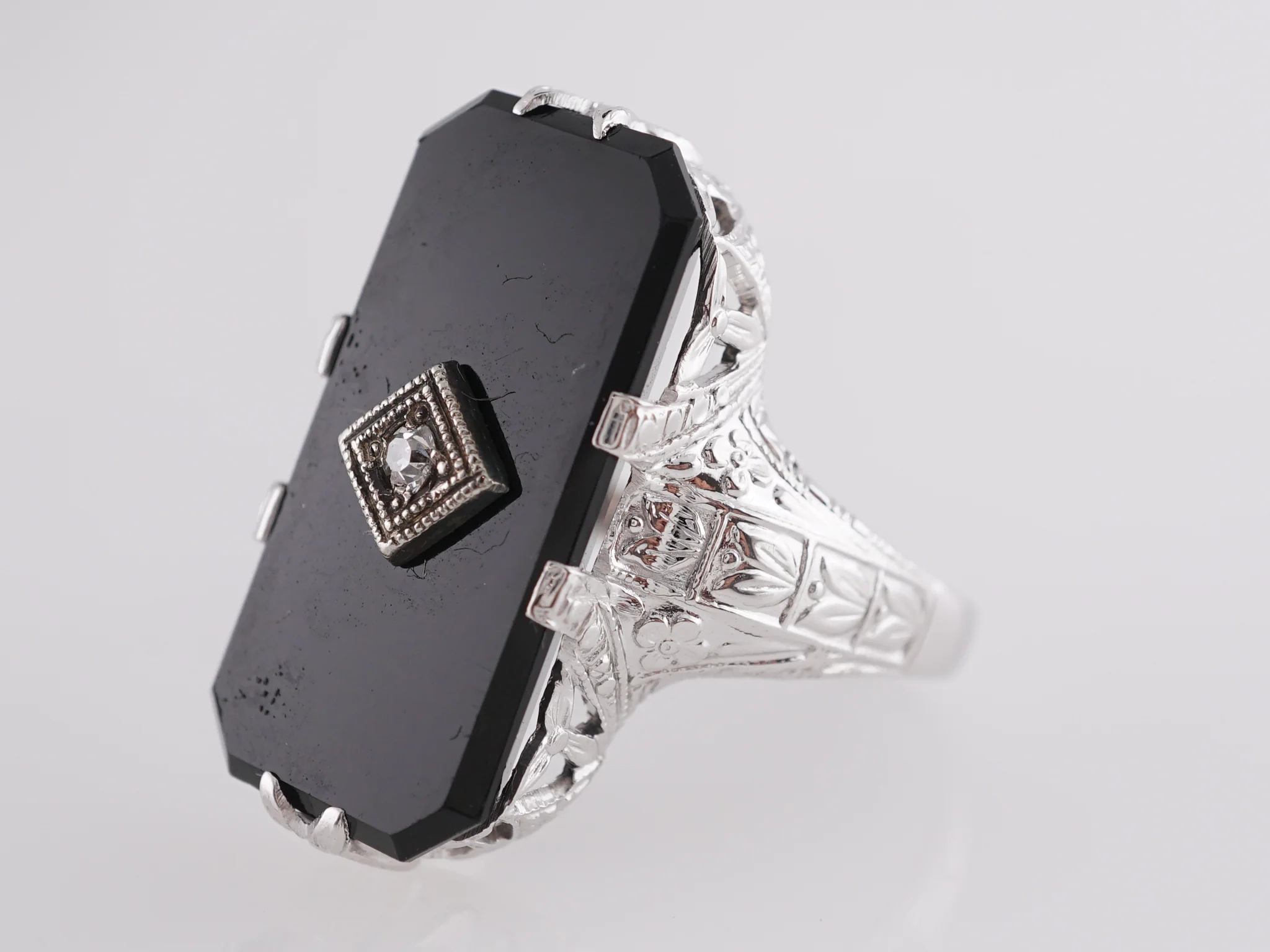 Vintage Art Deco Onyx and Diamond Ring in 14k White Gold - Image 2