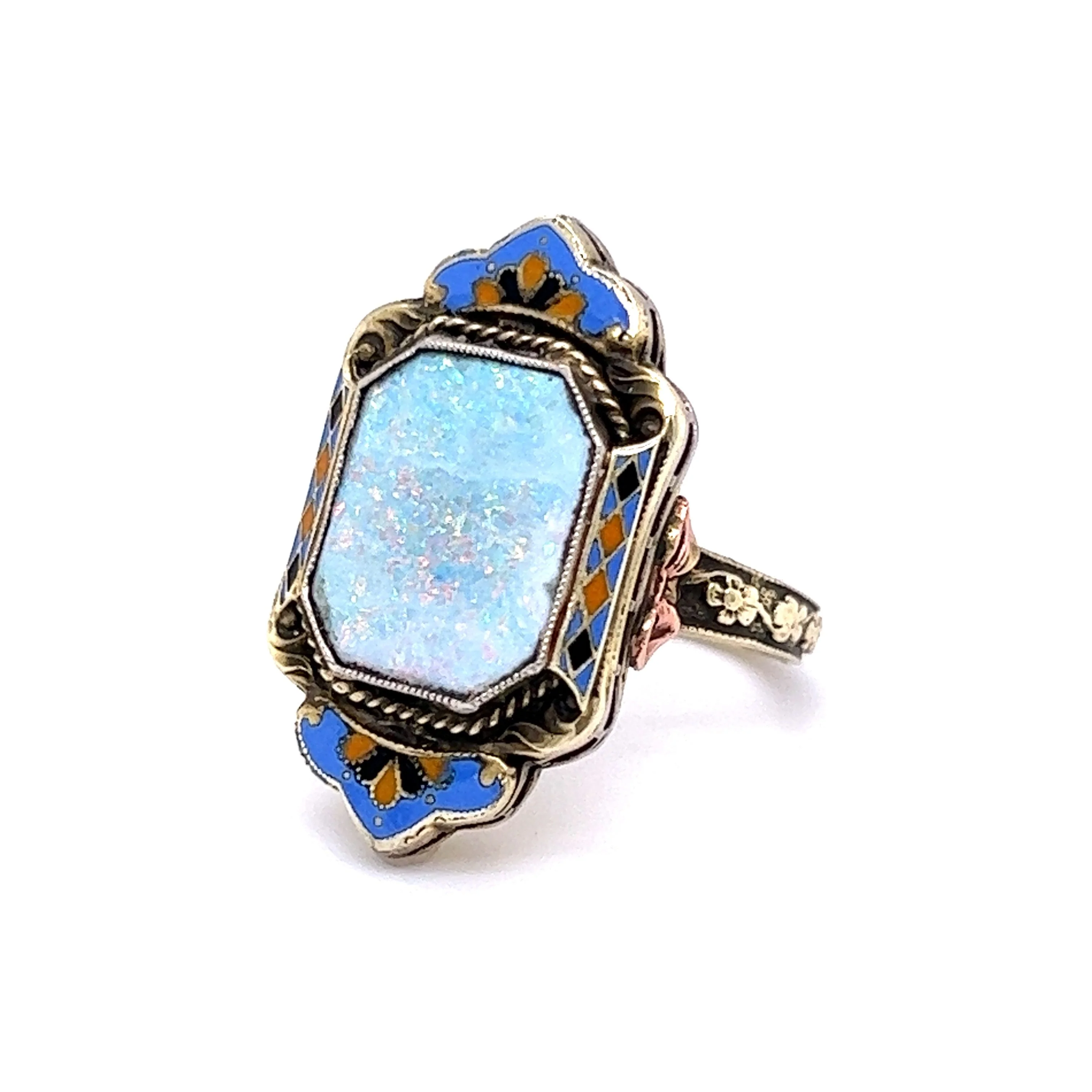 Vintage Art Deco Opal and Enamel Ring in 14k Yellow Gold - Image 2
