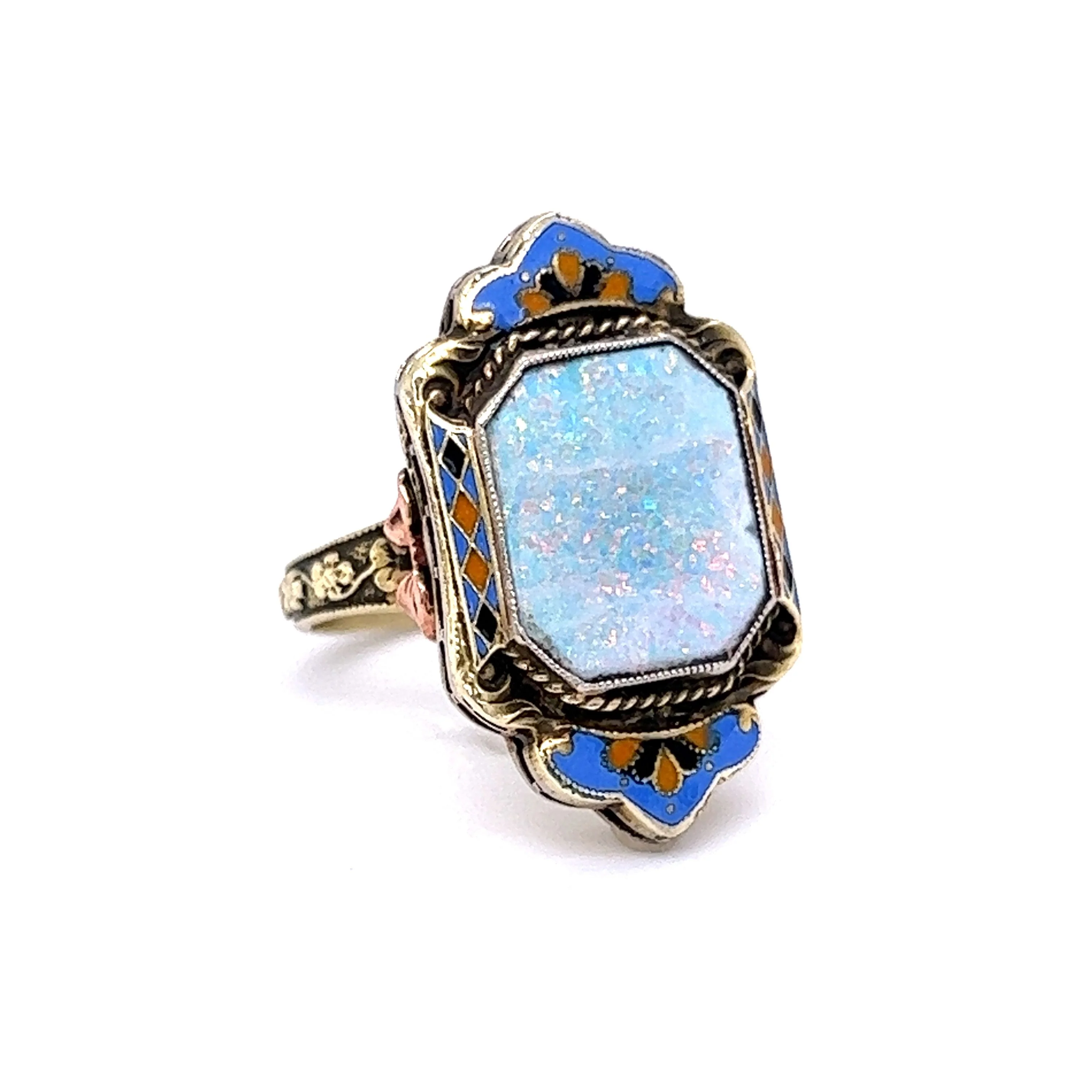 Vintage Art Deco Opal and Enamel Ring in 14k Yellow Gold - Image 3
