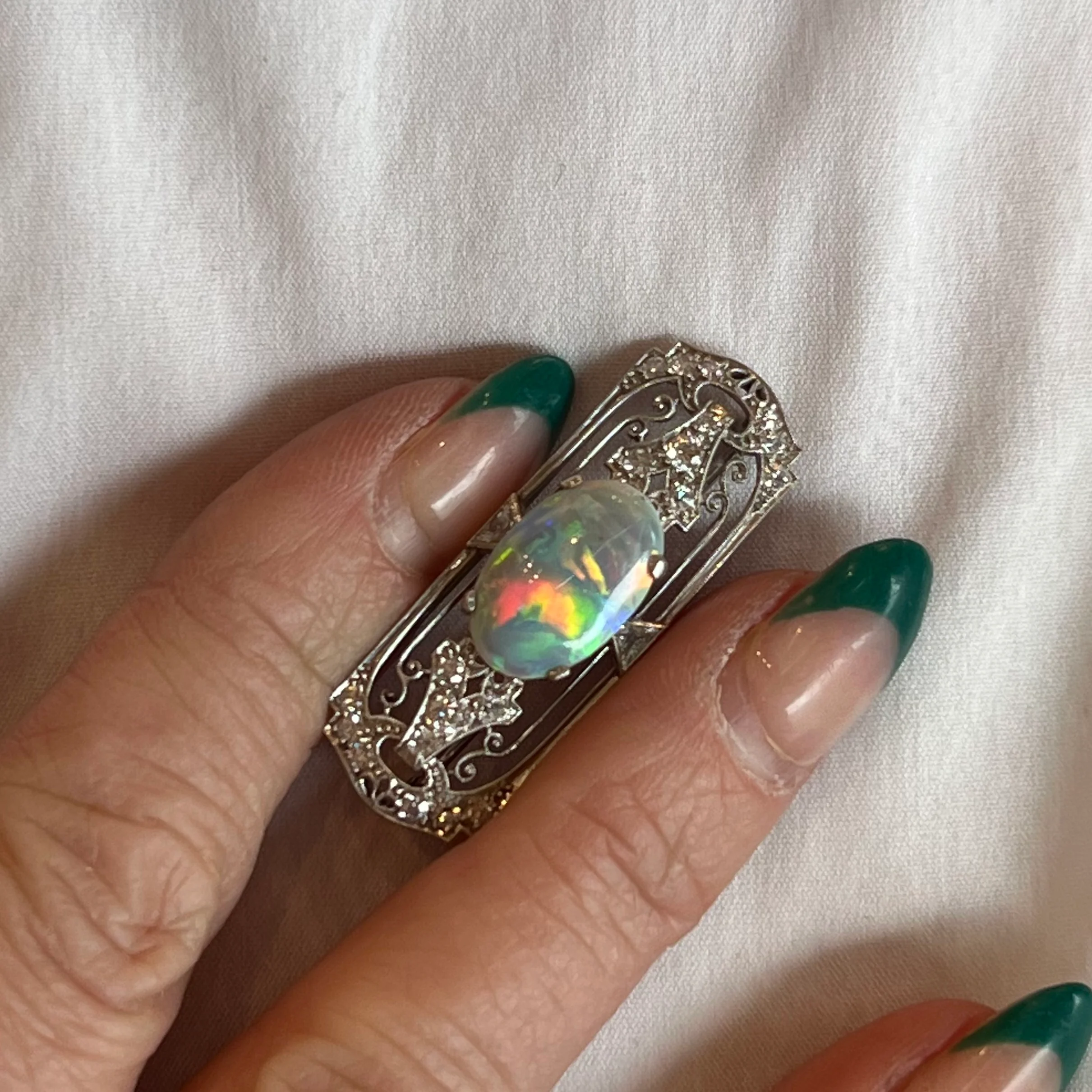 Vintage Art Deco Opal Brooch in 14k White Gold - Image 4