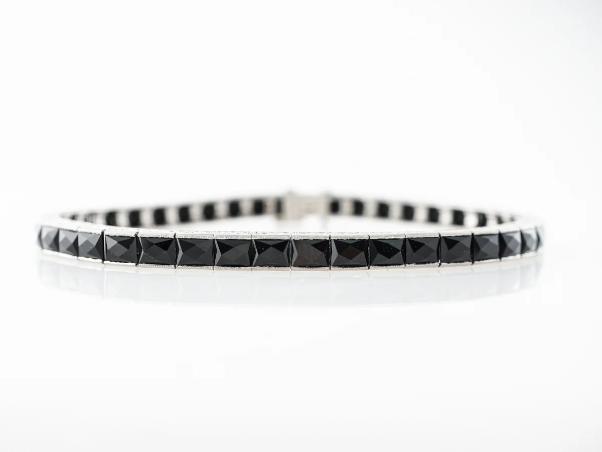 Vintage Art Deco Platinum 17.64 French Cut Onyx Bracelet