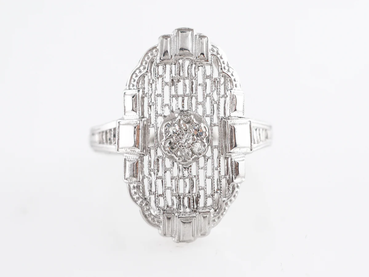 Vintage Art Deco Single Cut Diamond & Filigree Ring in 14k White Gold