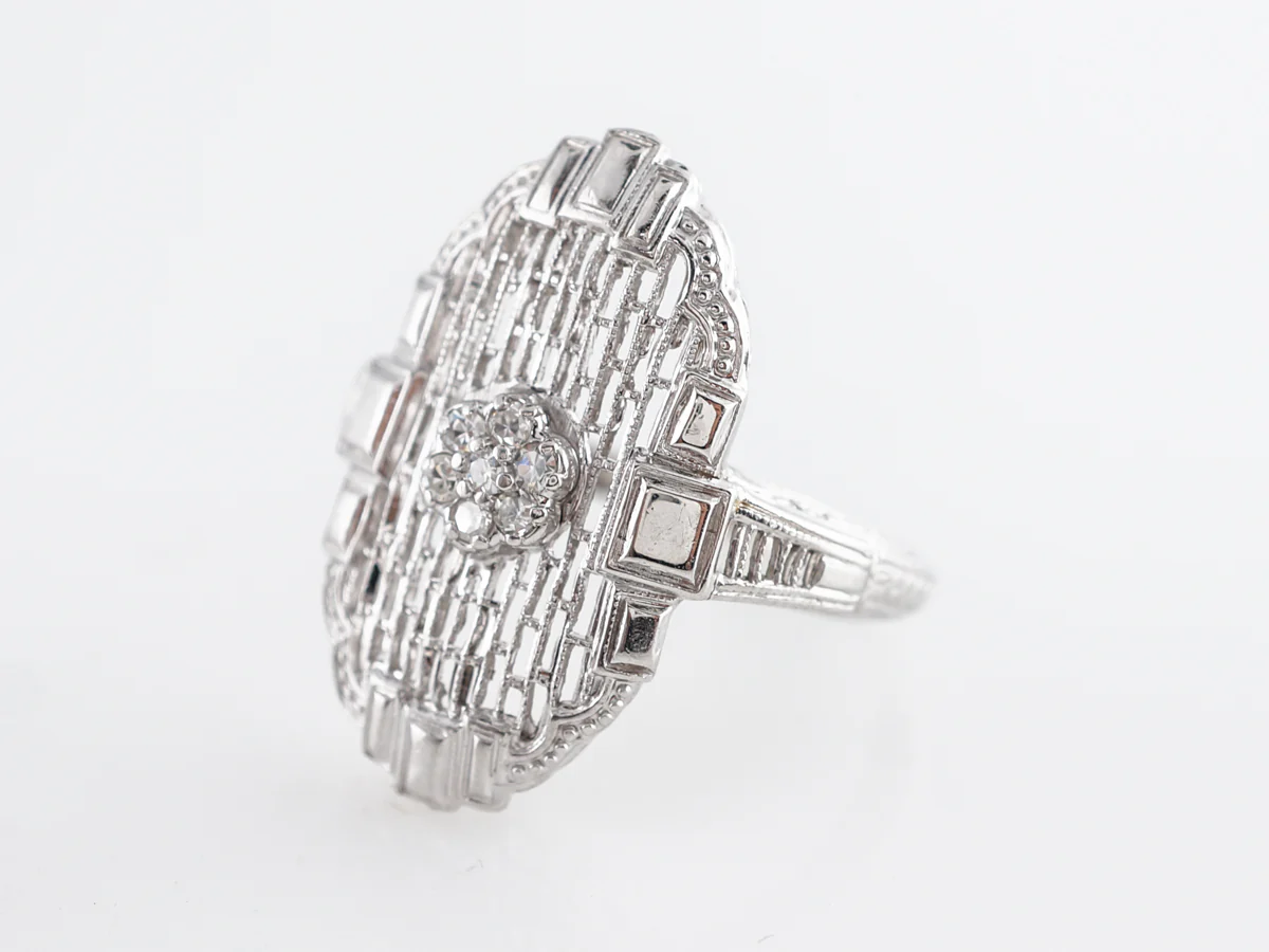 Vintage Art Deco Single Cut Diamond & Filigree Ring in 14k White Gold - Image 2