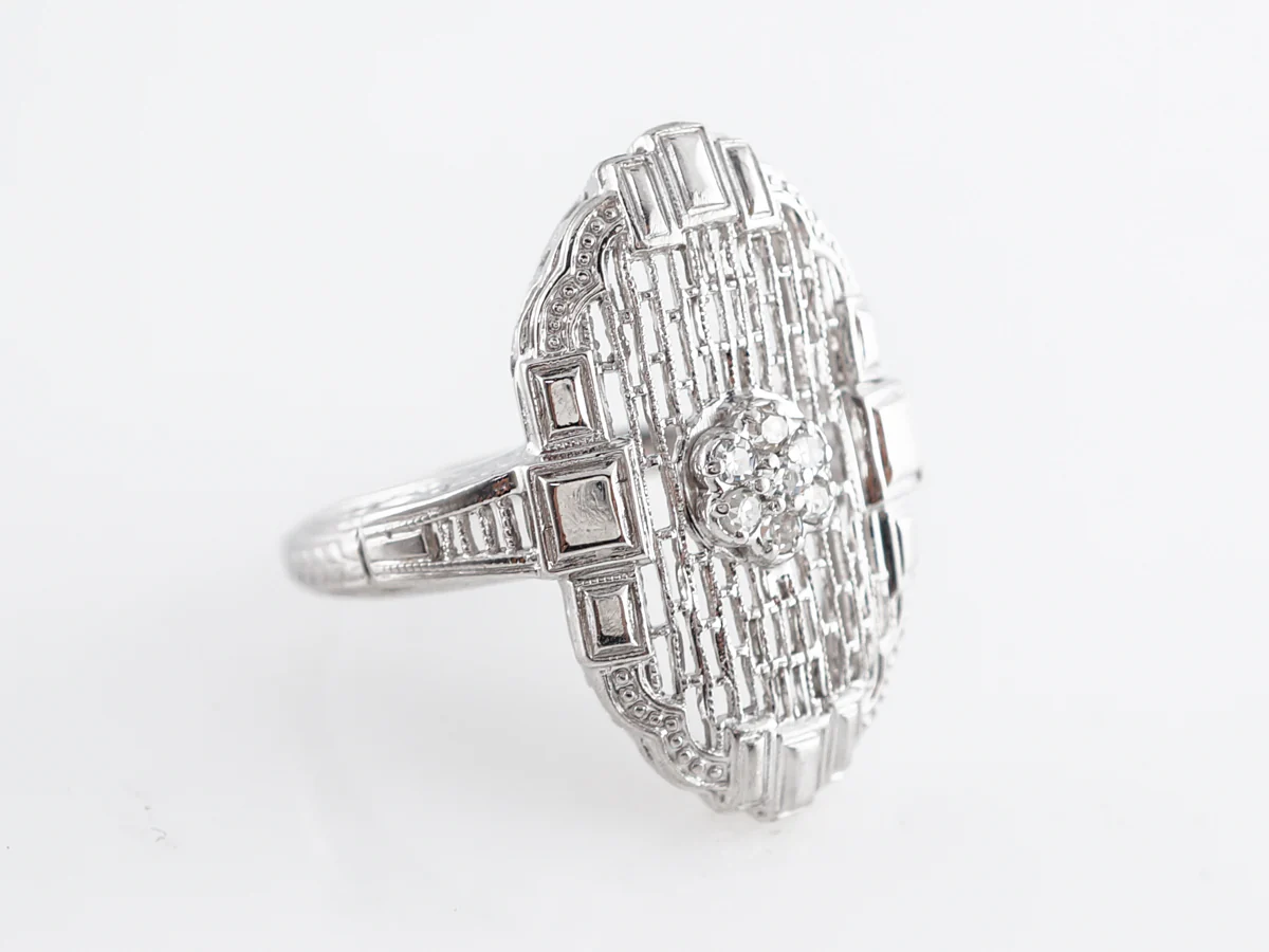 Vintage Art Deco Single Cut Diamond & Filigree Ring in 14k White Gold - Image 3