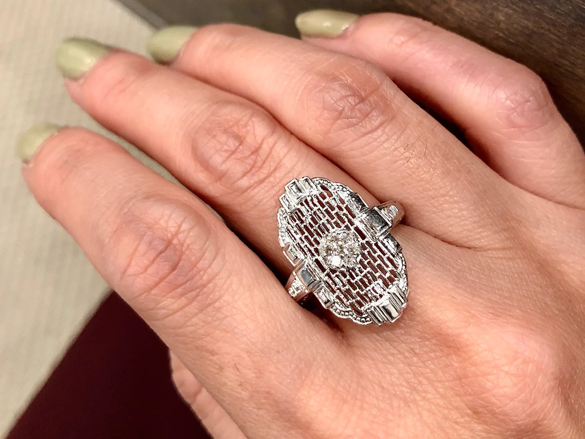 Vintage Art Deco Single Cut Diamond & Filigree Ring in 14k White Gold - Image 5