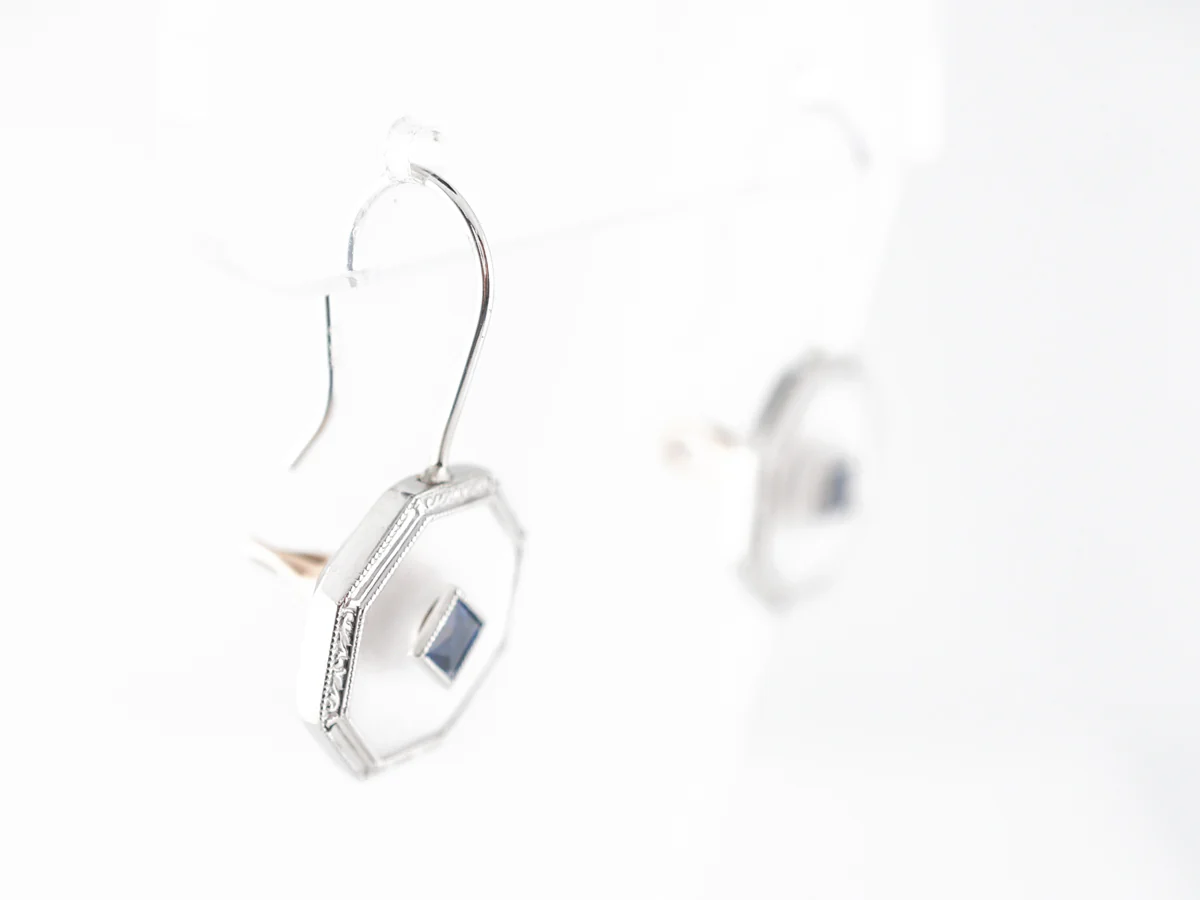 Vintage Art Deco Square Cut Sapphire & Camphor Glass Earrings in 14k White Gold - Image 3