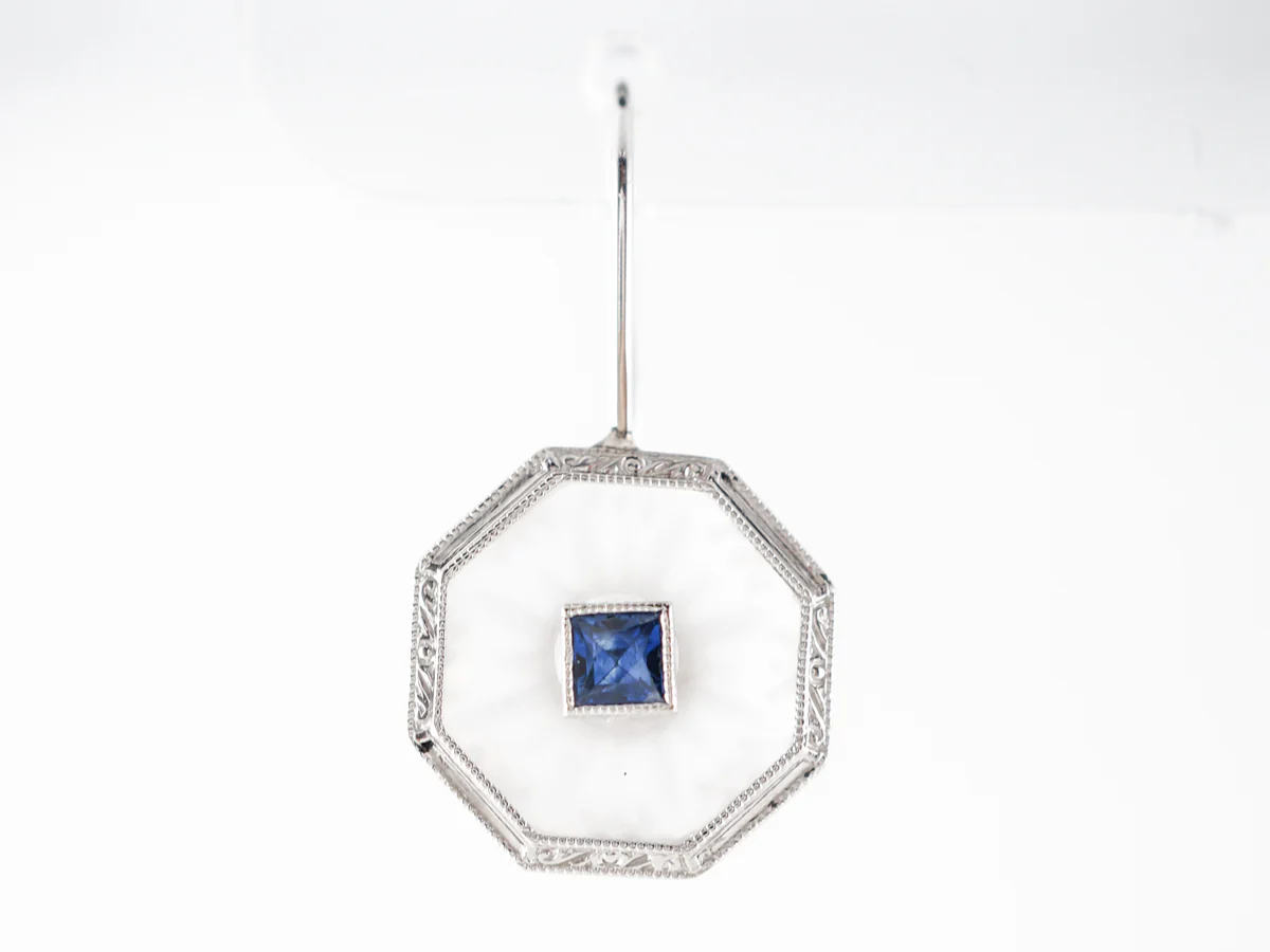 Vintage Art Deco Square Cut Sapphire & Camphor Glass Earrings in 14k White Gold - Image 4