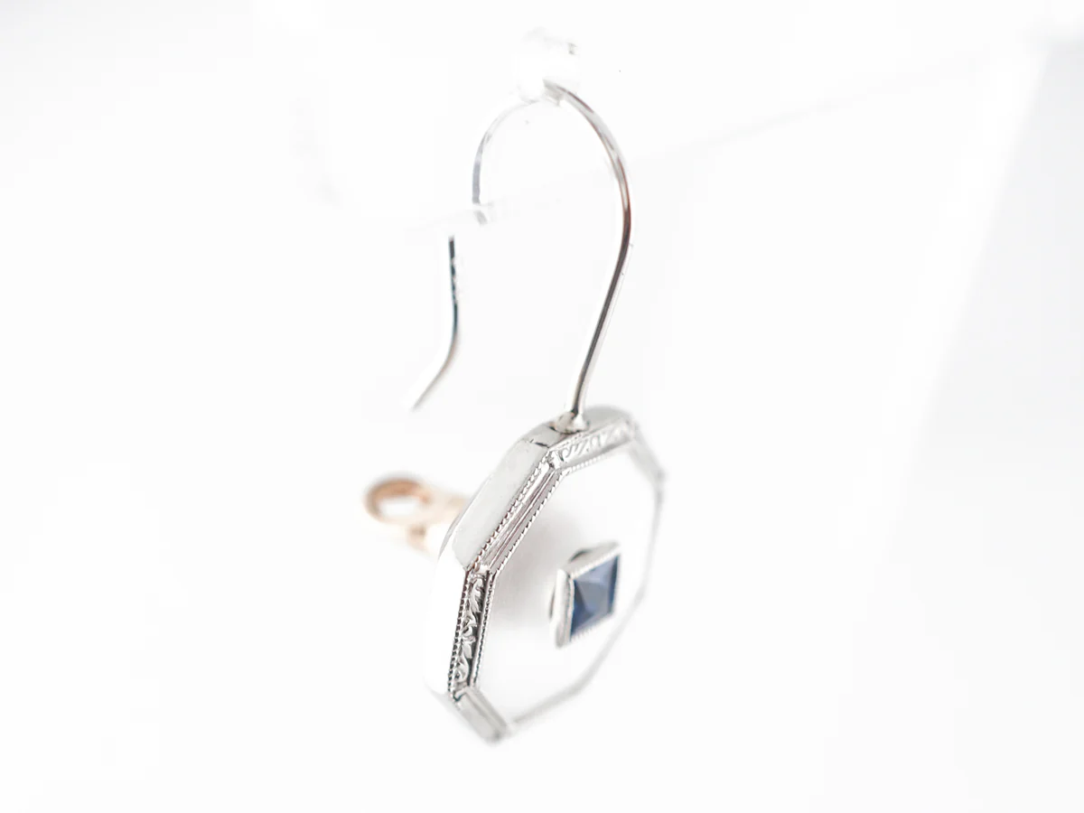 Vintage Art Deco Square Cut Sapphire & Camphor Glass Earrings in 14k White Gold - Image 5
