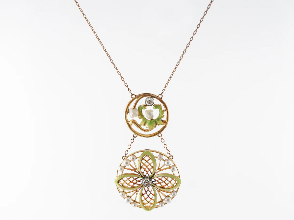 Vintage Art Nouveau Diamond & Pearl Necklace in Yellow Gold