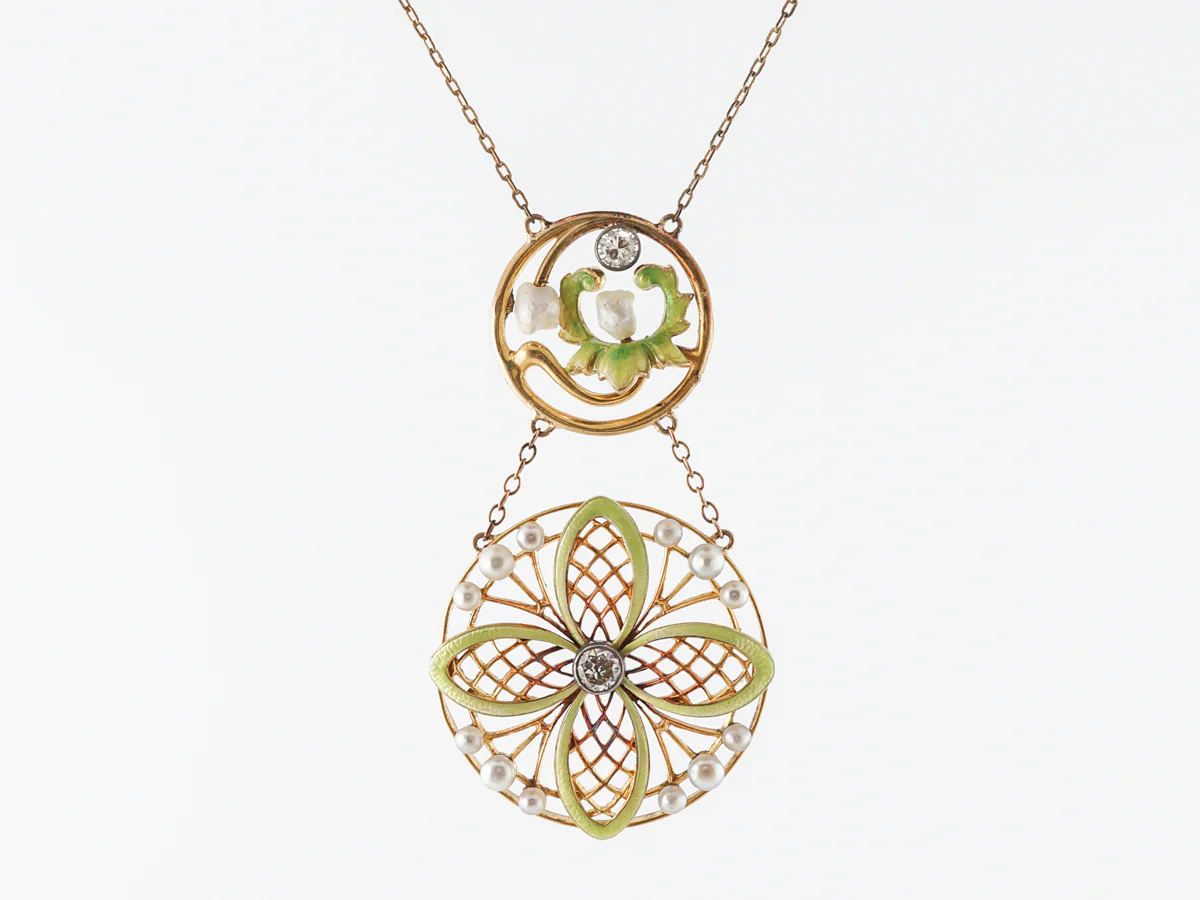 Vintage Art Nouveau Diamond & Pearl Necklace in Yellow Gold - Image 2