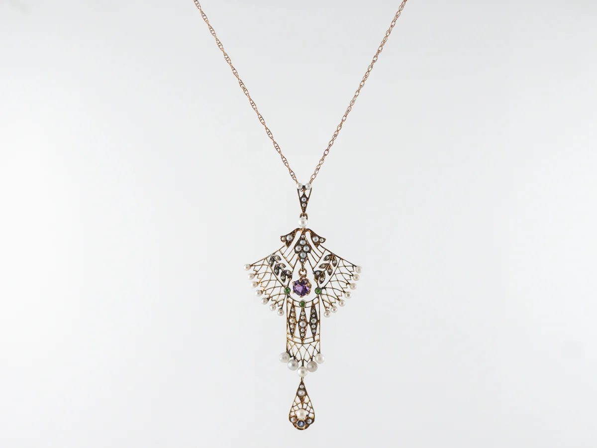Vintage Art Nouveau Necklace w/ Amethyst & Seed Pearls in Rose Gold