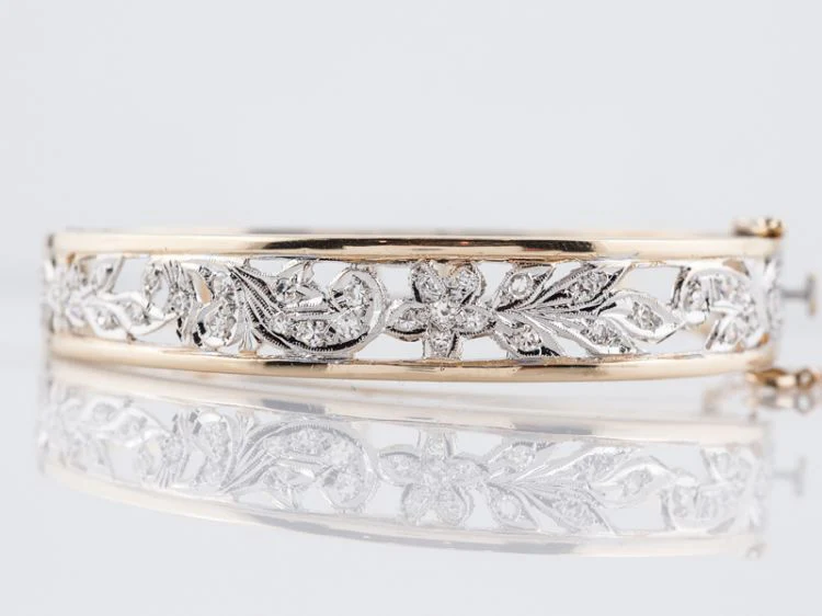 Vintage Bangle Bracelet Retro Two Tone 1.05 Single Cut Diamonds in 14k Yellow & White Gold