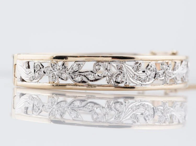 Vintage Bangle Bracelet Retro Two Tone 1.05 Single Cut Diamonds in 14k Yellow & White Gold - Image 2