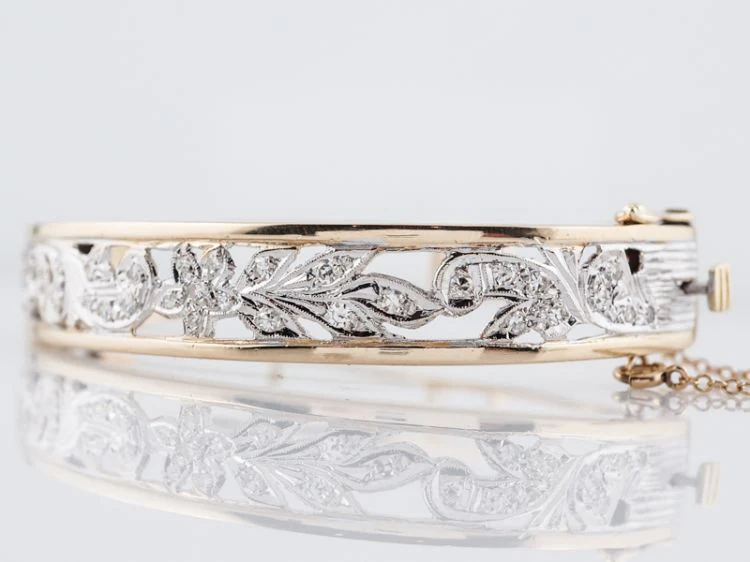 Vintage Bangle Bracelet Retro Two Tone 1.05 Single Cut Diamonds in 14k Yellow & White Gold - Image 3
