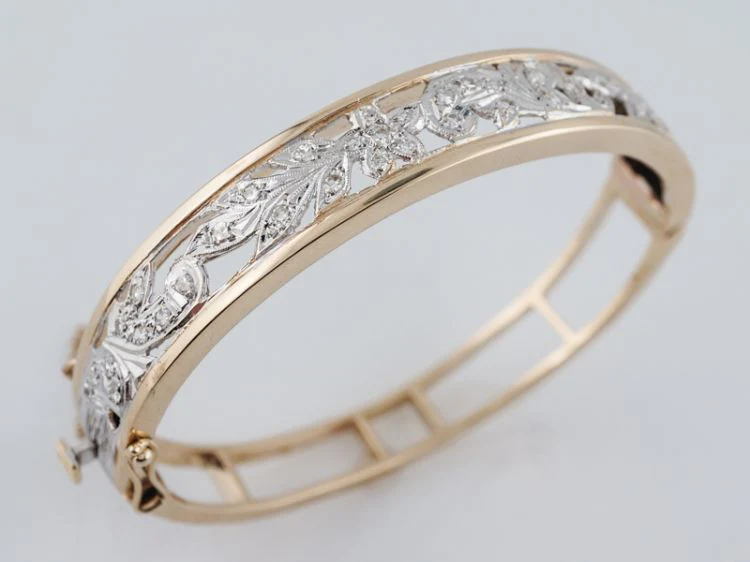 Vintage Bangle Bracelet Retro Two Tone 1.05 Single Cut Diamonds in 14k Yellow & White Gold - Image 6