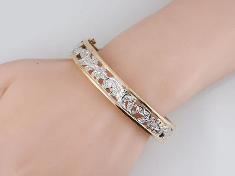 Vintage Bangle Bracelet Retro Two Tone 1.05 Single Cut Diamonds in 14k Yellow & White Gold - Image 7