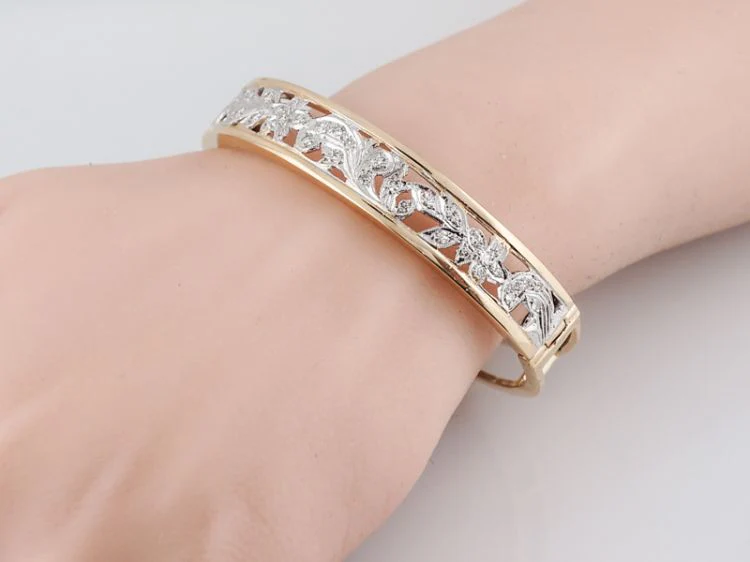Vintage Bangle Bracelet Retro Two Tone 1.05 Single Cut Diamonds in 14k Yellow & White Gold - Image 8