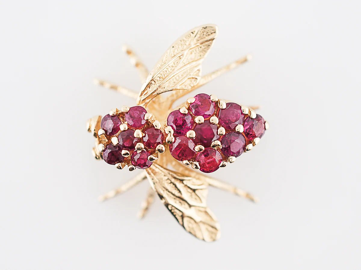 Vintage Bee Pin Retro 1.08 Round Cut Ruby in 14k Yellow Gold - Image 2