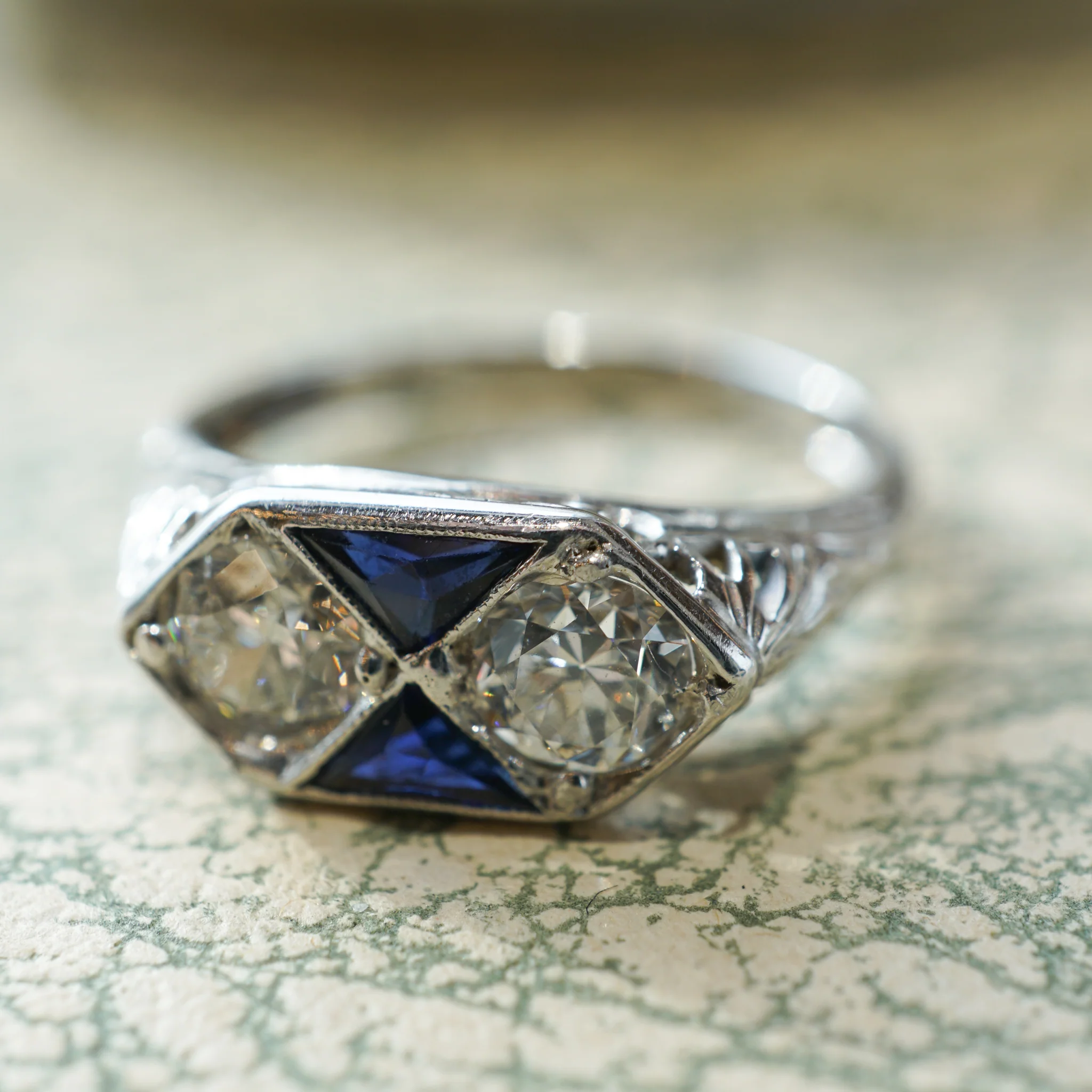 Vintage Belais Diamond & Sapphire Engagement in 18k White Gold - Image 6