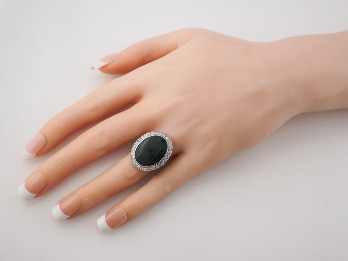 Vintage Bloodstone Cocktail Ring w/ Diamonds in Platinum - Image 7