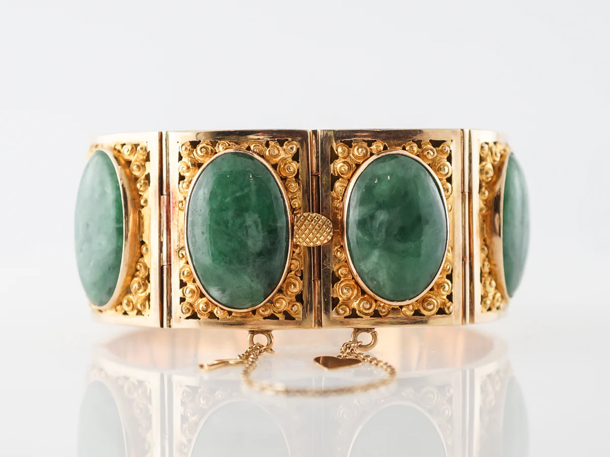 ***RTV11/23***Vintage Bracelet Mid-Century 13.70 Cabochon Cut Jade in 14k Yellow Gold - Image 2