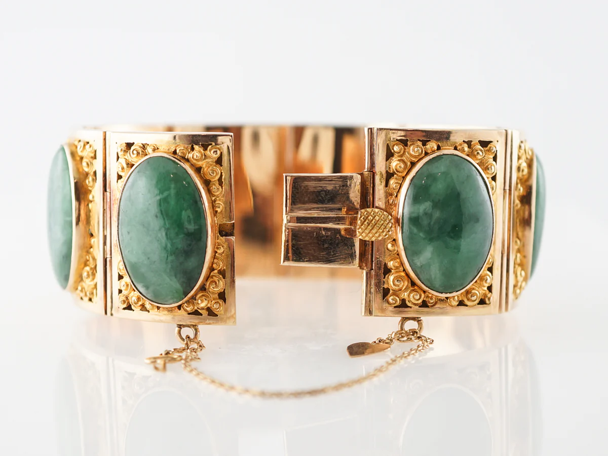 ***RTV11/23***Vintage Bracelet Mid-Century 13.70 Cabochon Cut Jade in 14k Yellow Gold - Image 3