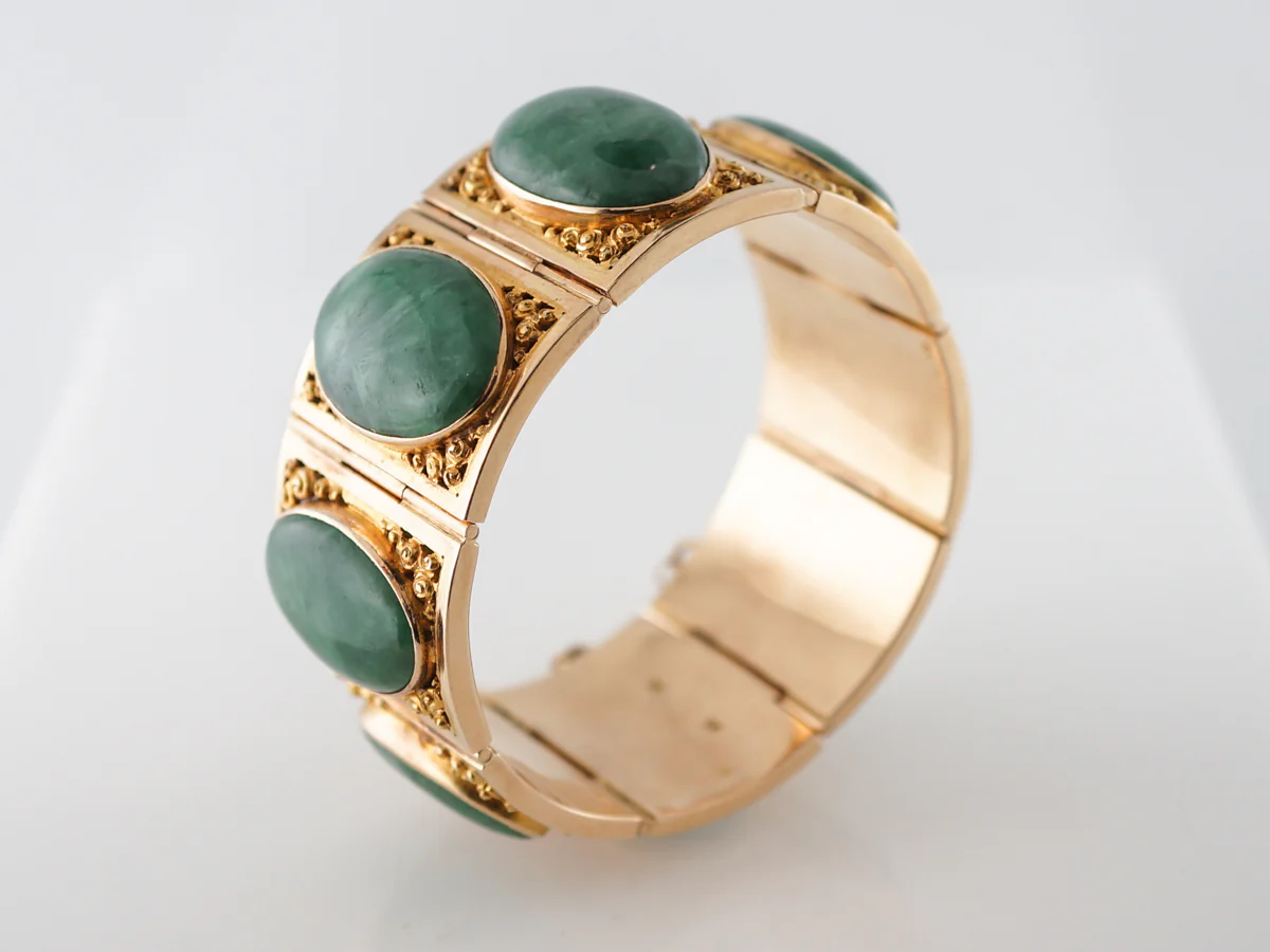 ***RTV11/23***Vintage Bracelet Mid-Century 13.70 Cabochon Cut Jade in 14k Yellow Gold - Image 4