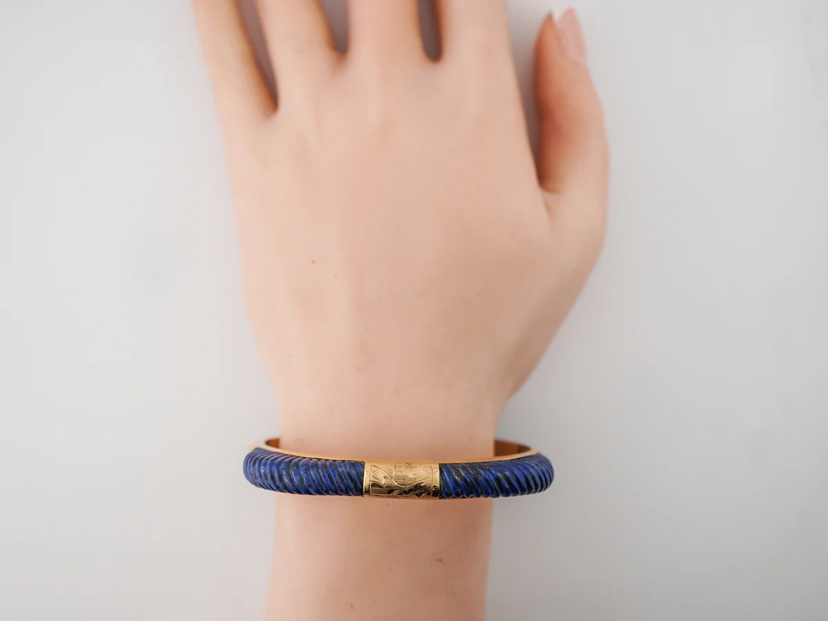 **RTV 5/2/19**Vintage Bracelet Mid-Century Carved Lapis in 14k Yellow Gold - Image 4