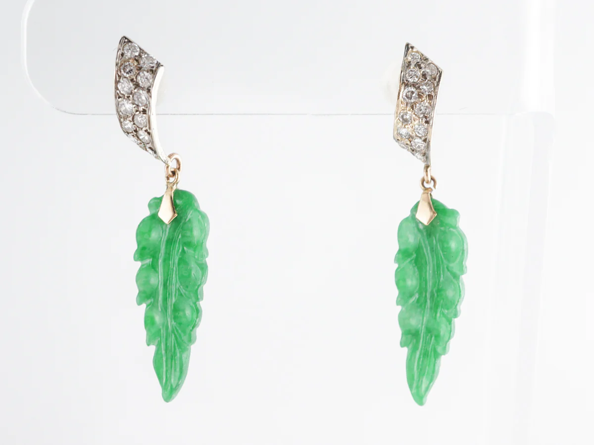Vintage Carved Jade & Diamond Earrings 18K Yellow Gold