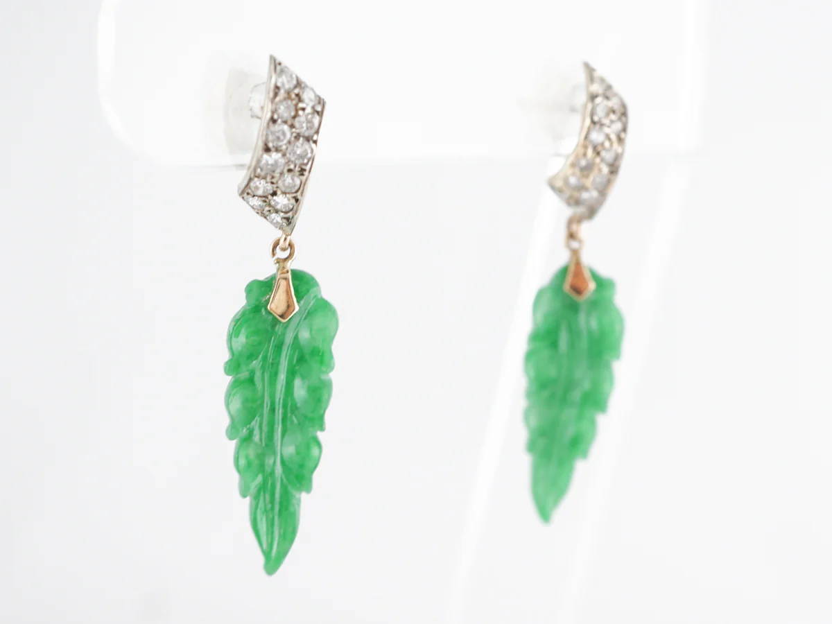 Vintage Carved Jade & Diamond Earrings 18K Yellow Gold - Image 2