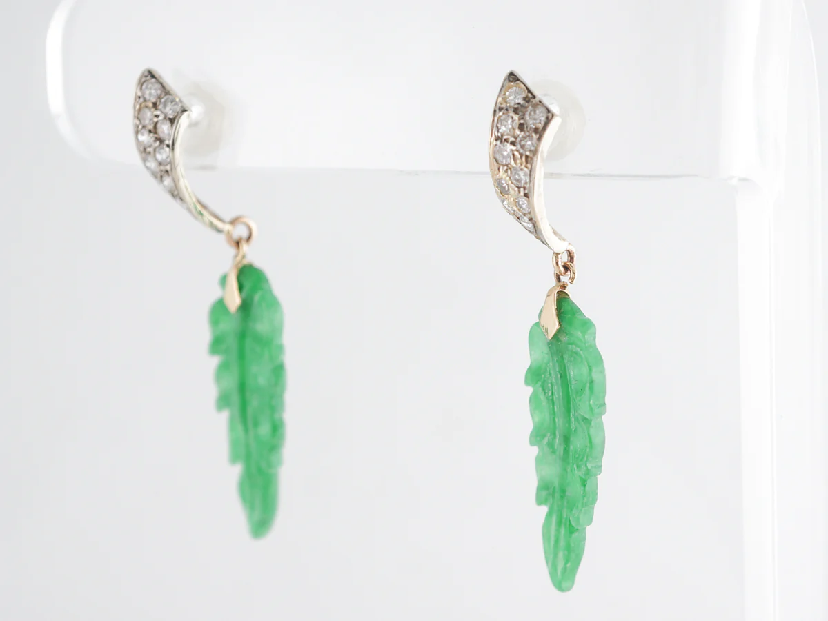 Vintage Carved Jade & Diamond Earrings 18K Yellow Gold - Image 3