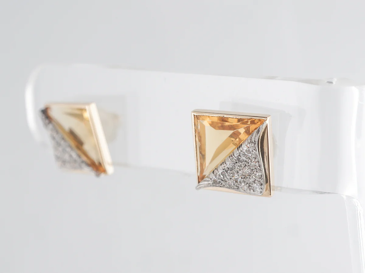 Vintage Citrine and Diamond Earrings in Yellow Gold - Image 2