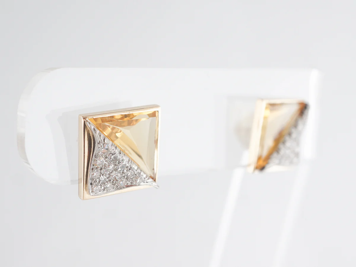 Vintage Citrine and Diamond Earrings in Yellow Gold - Image 3