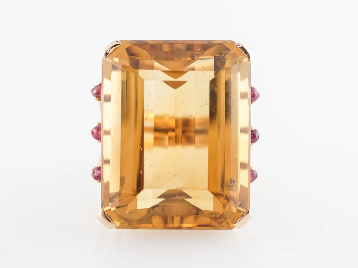 Vintage Citrine Cocktail Ring w/ Rubies in 18k Yellow Gold