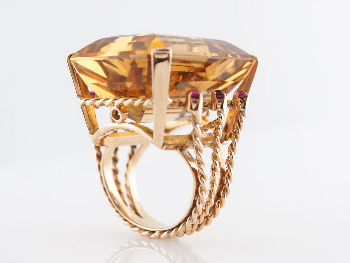 Vintage Citrine Cocktail Ring w/ Rubies in 18k Yellow Gold - Image 2