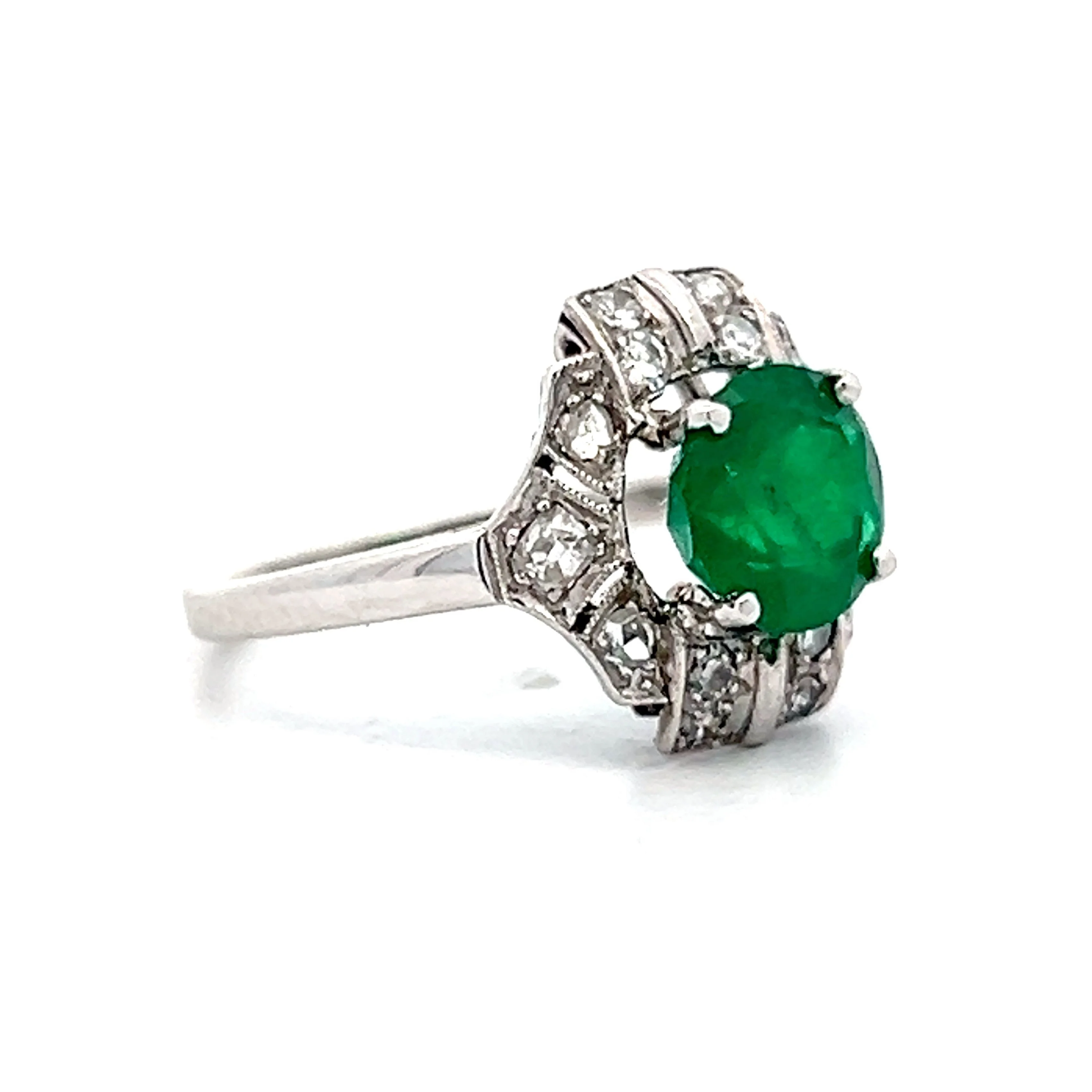 Vintage Cocktail Ring Mid-Century 1.47 Round Brilliant Cut Emerald & Diamonds in Platinum - Image 3