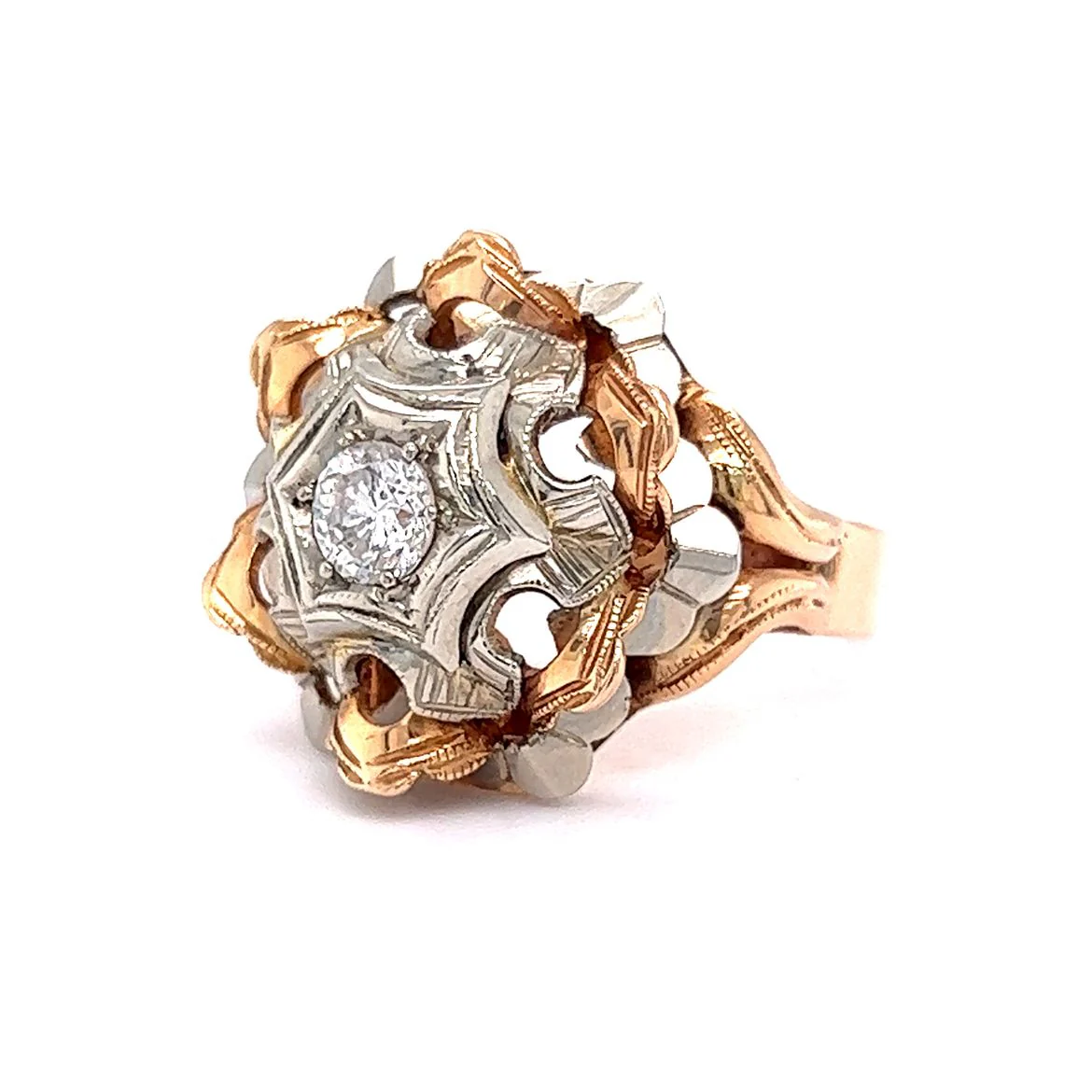 Vintage Cocktail Ring .40 Round Brilliant Cut Diamond in 18K White & Rose Gold - Image 2