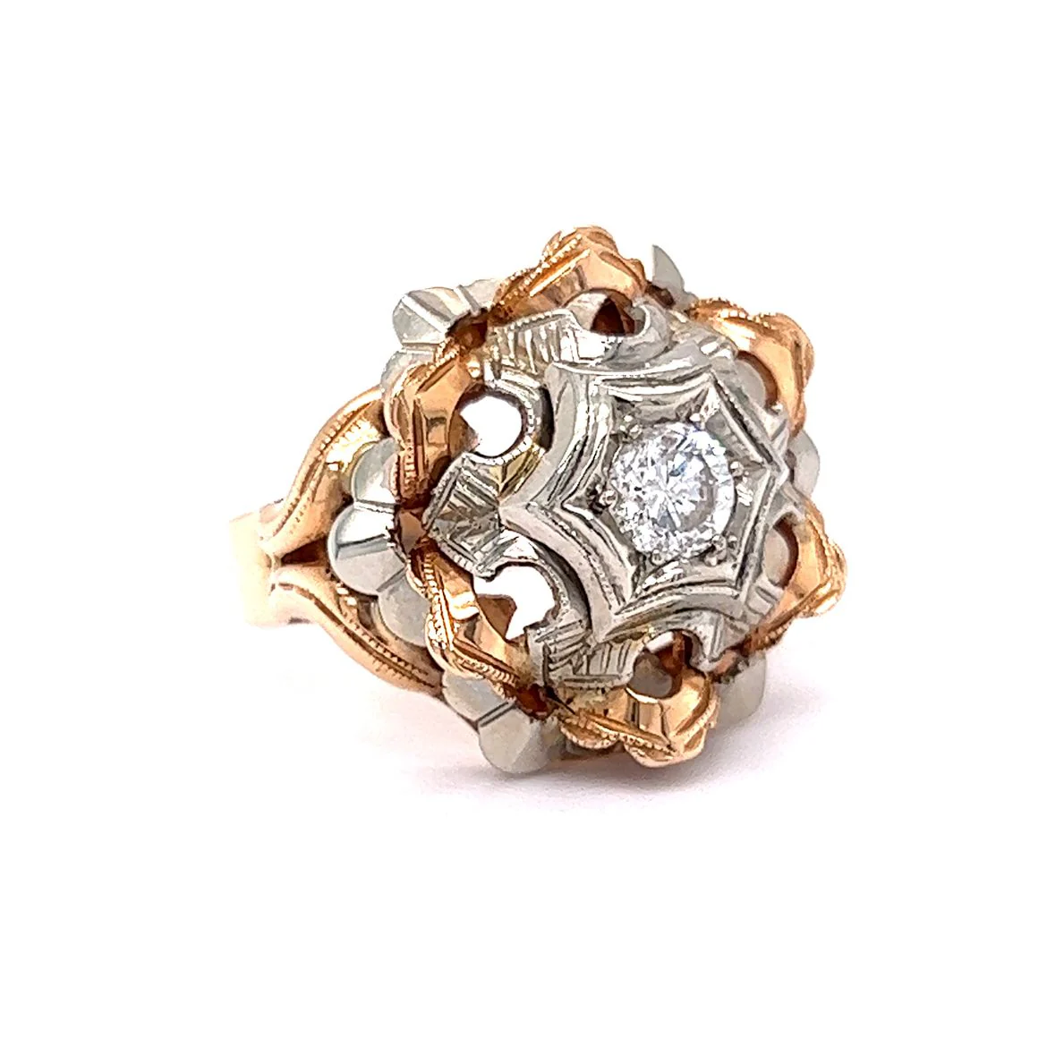 Vintage Cocktail Ring .40 Round Brilliant Cut Diamond in 18K White & Rose Gold - Image 3