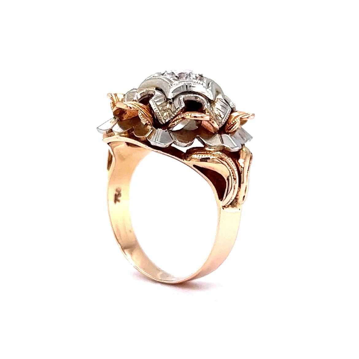 Vintage Cocktail Ring .40 Round Brilliant Cut Diamond in 18K White & Rose Gold - Image 5
