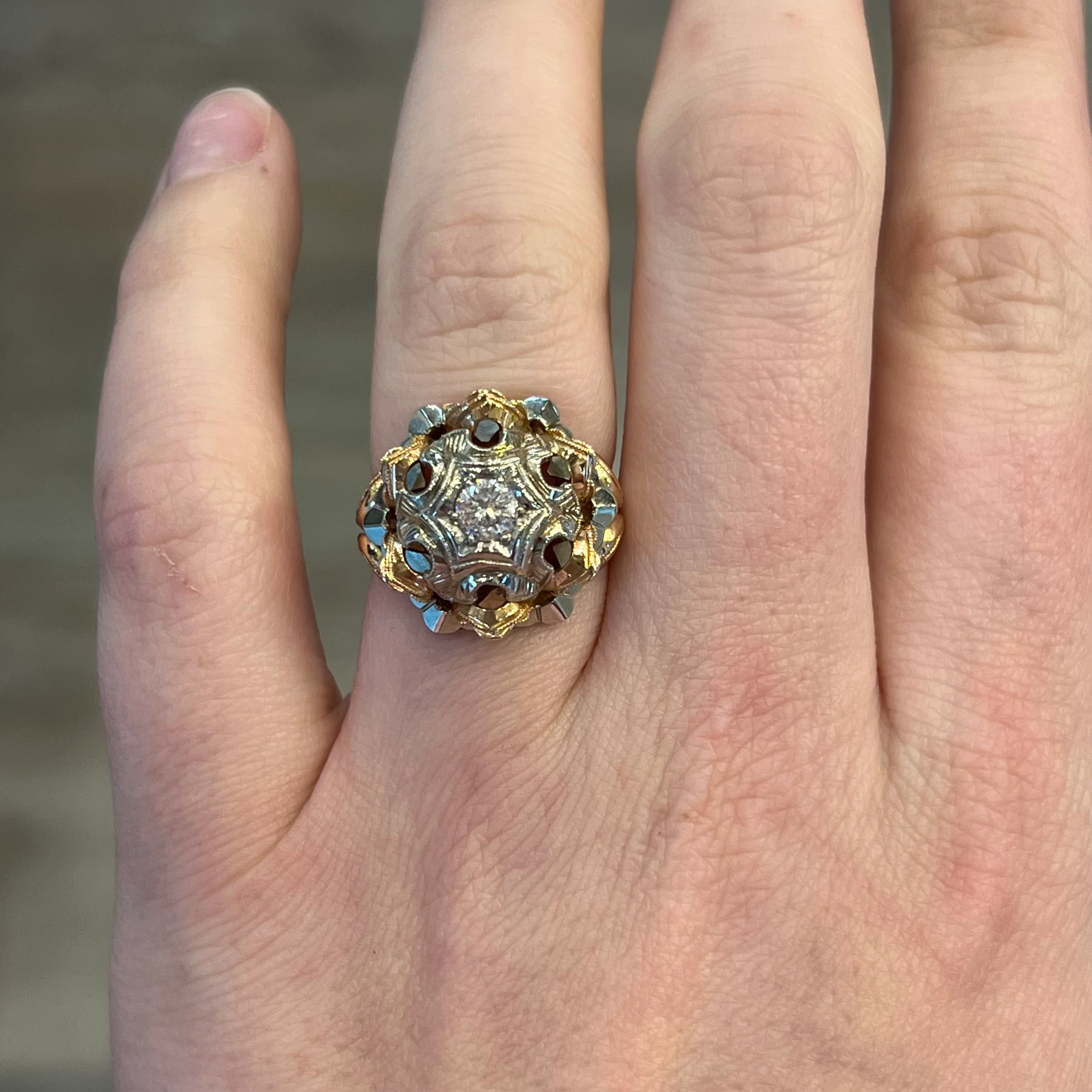 Vintage Cocktail Ring .40 Round Brilliant Cut Diamond in 18K White & Rose Gold - Image 6
